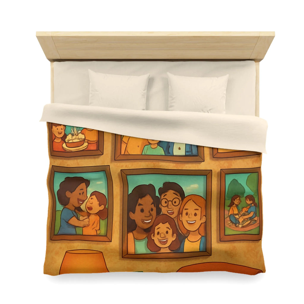 Housse de Couette Famille Heureuse avec Cadres Photo et Éléments Vintage pour Chambre