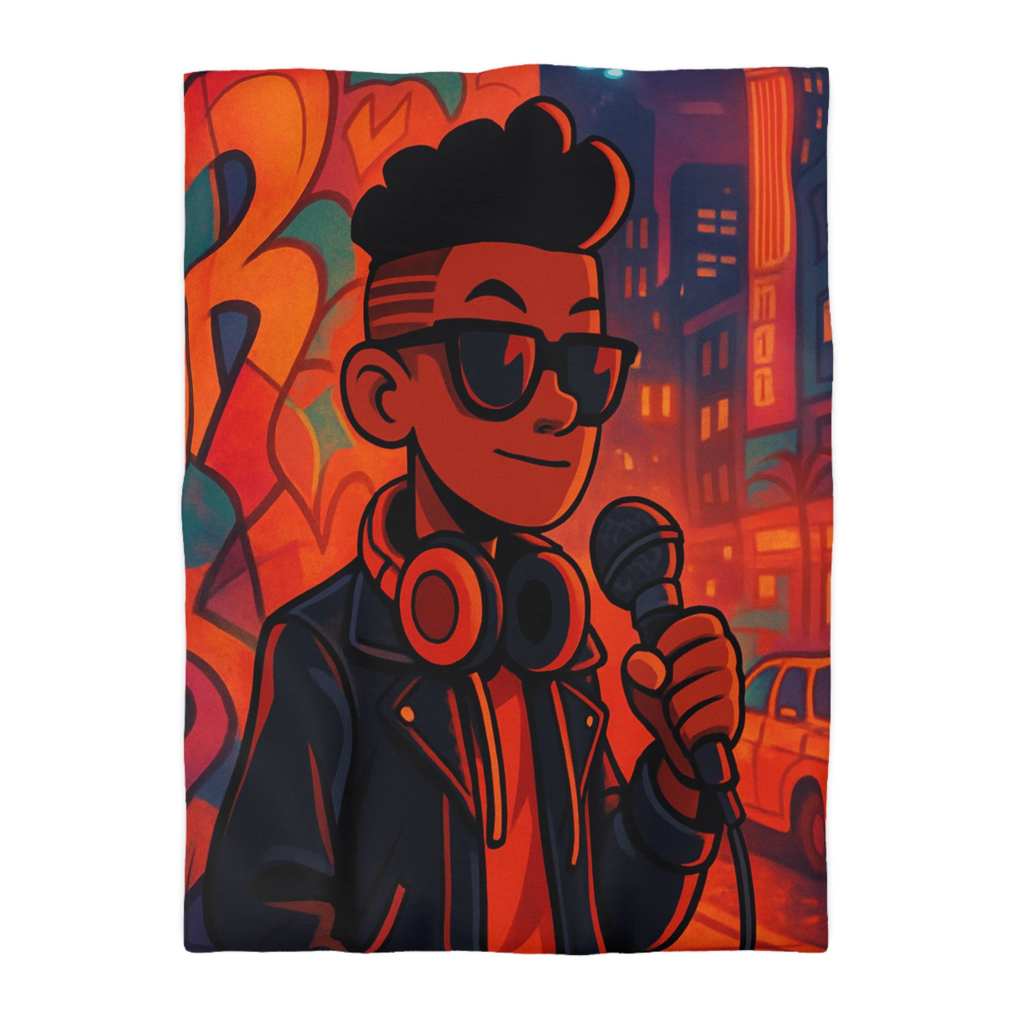 Housse de couette urbaine rétro avec chanteur hip-hop et graphismes vibrants de ville