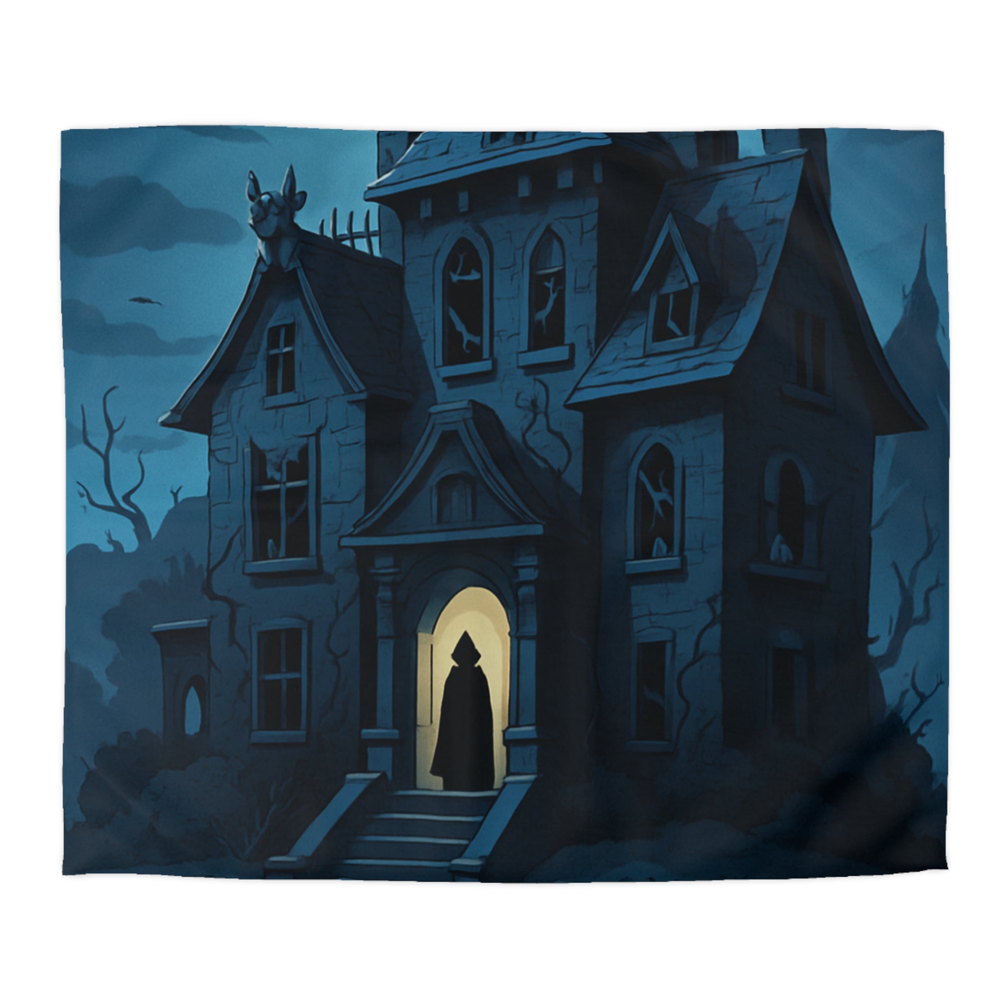 Housse de couette mystérieuse avec manoir gothique sous la pleine lune effrayante