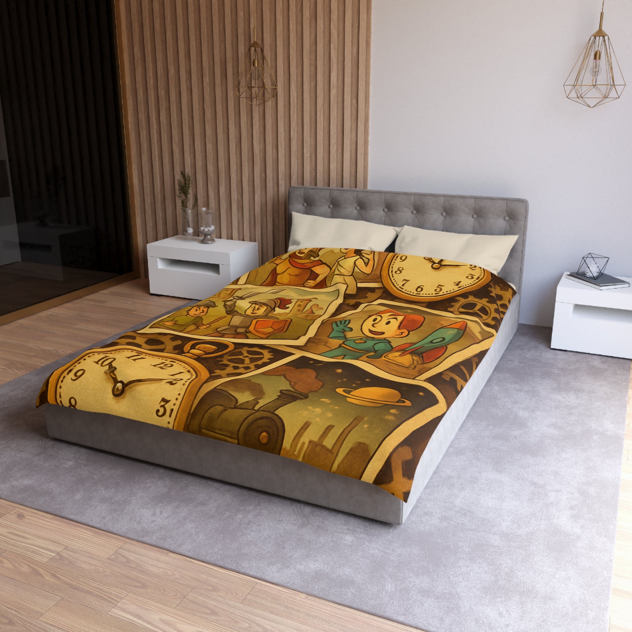 Housse de couette rétro avec horloges, conquérants et thème d'exploration spatiale et historique