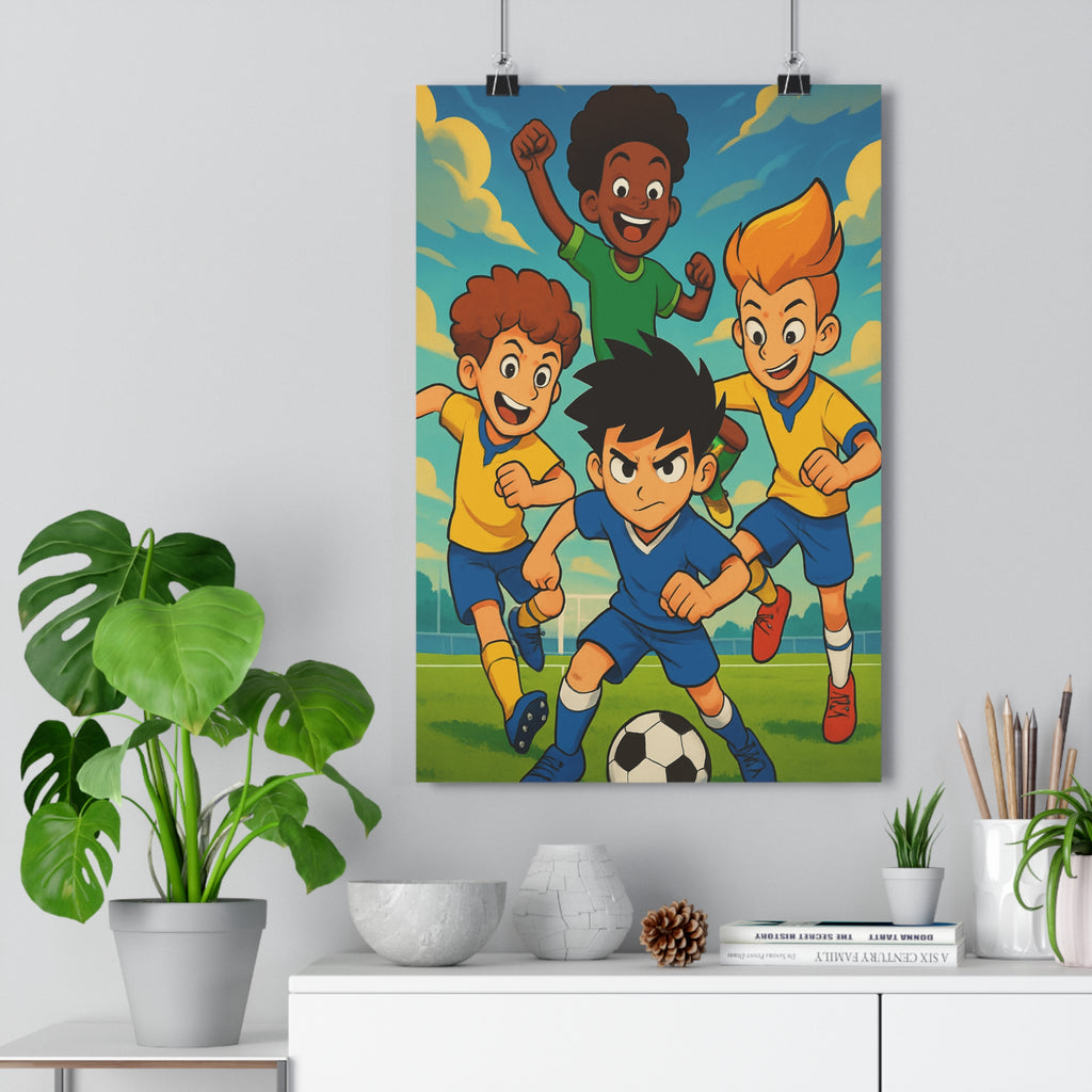 Poster décoratif cartoon football enfant joyeux dynamique coloré chambre énergie motivation passion détermination terrain