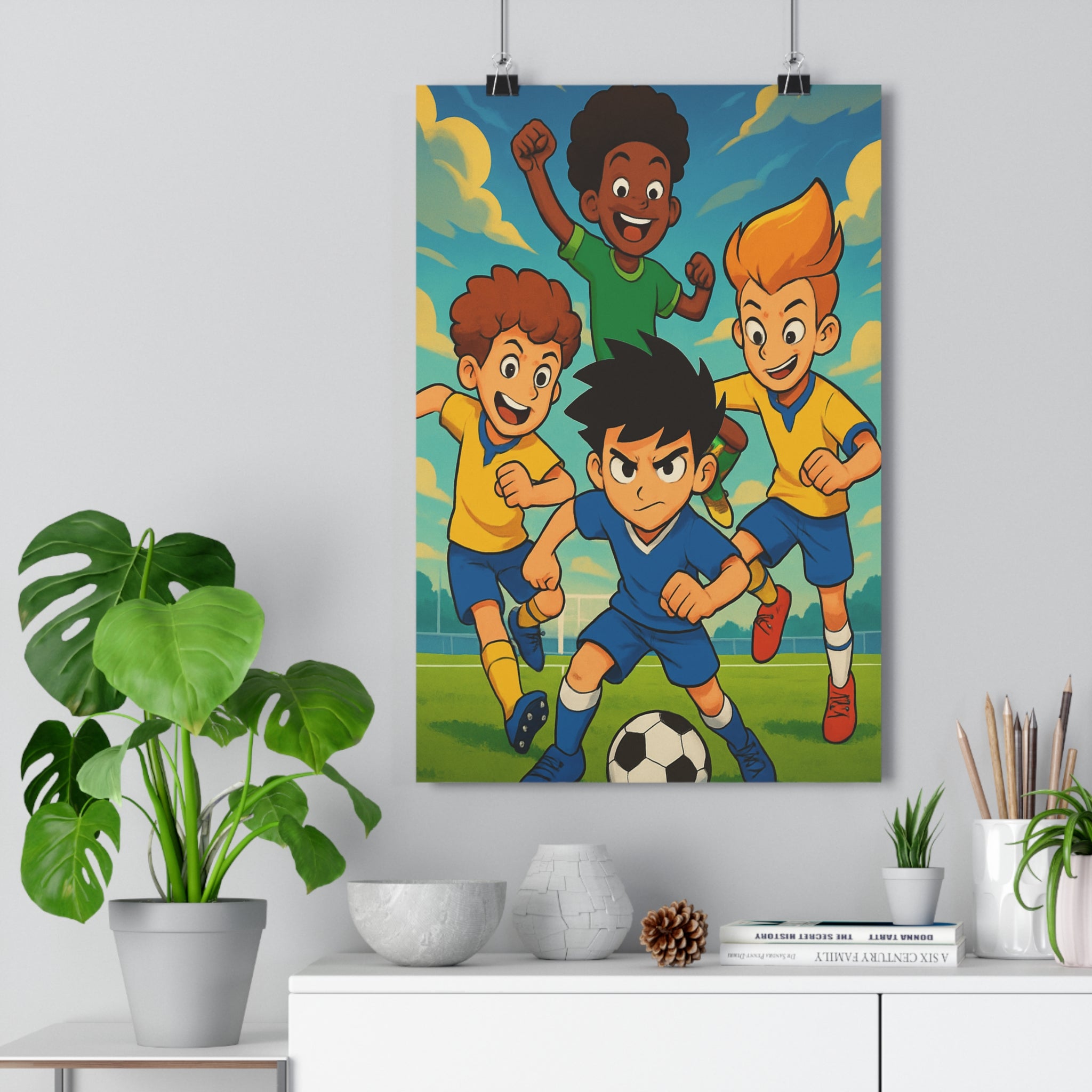 Poster décoratif cartoon football enfant joyeux dynamique coloré chambre énergie motivation passion détermination terrain