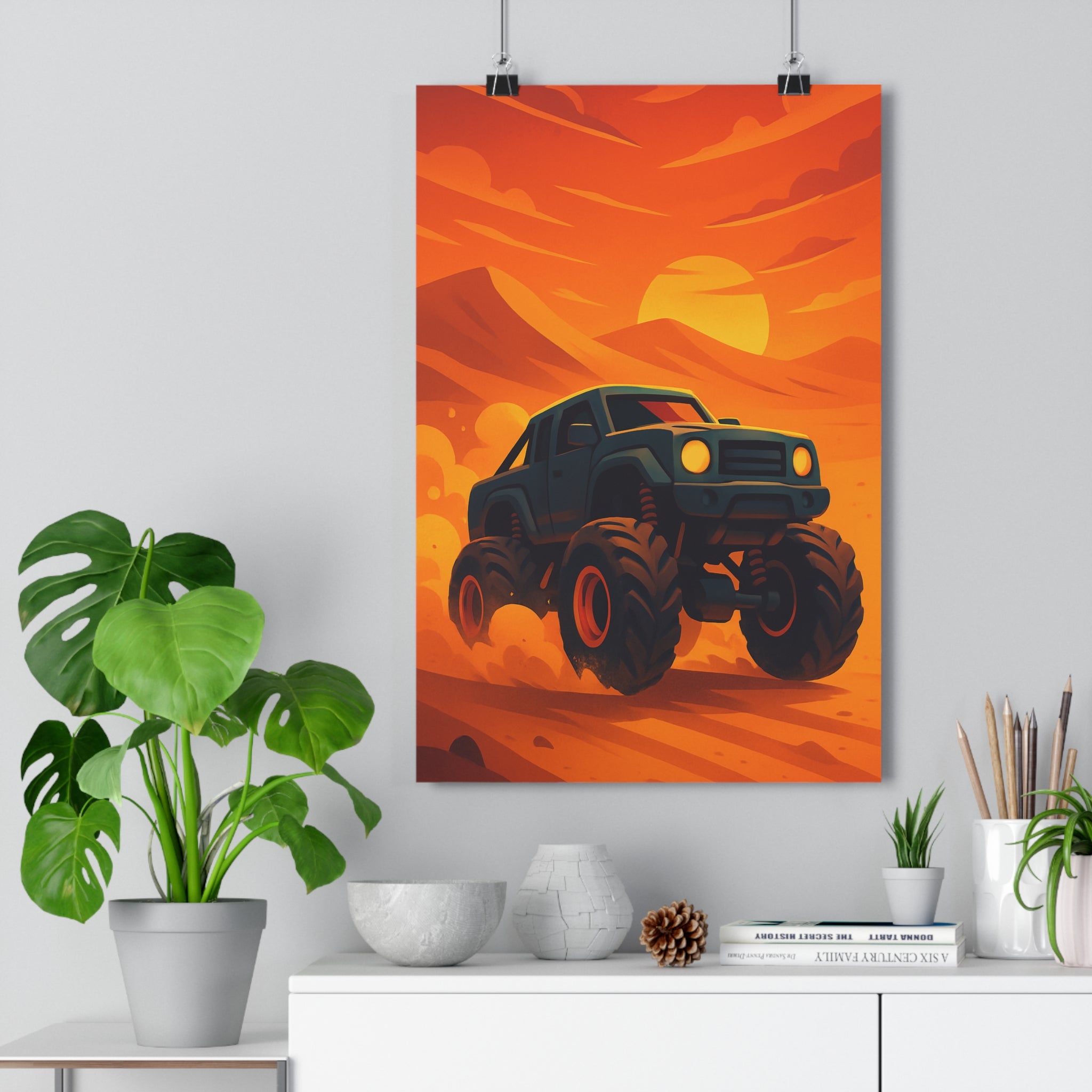 Poster décoratif aventure dessin animé véhicule sable jaune orange chambre enfant dynamique course désert