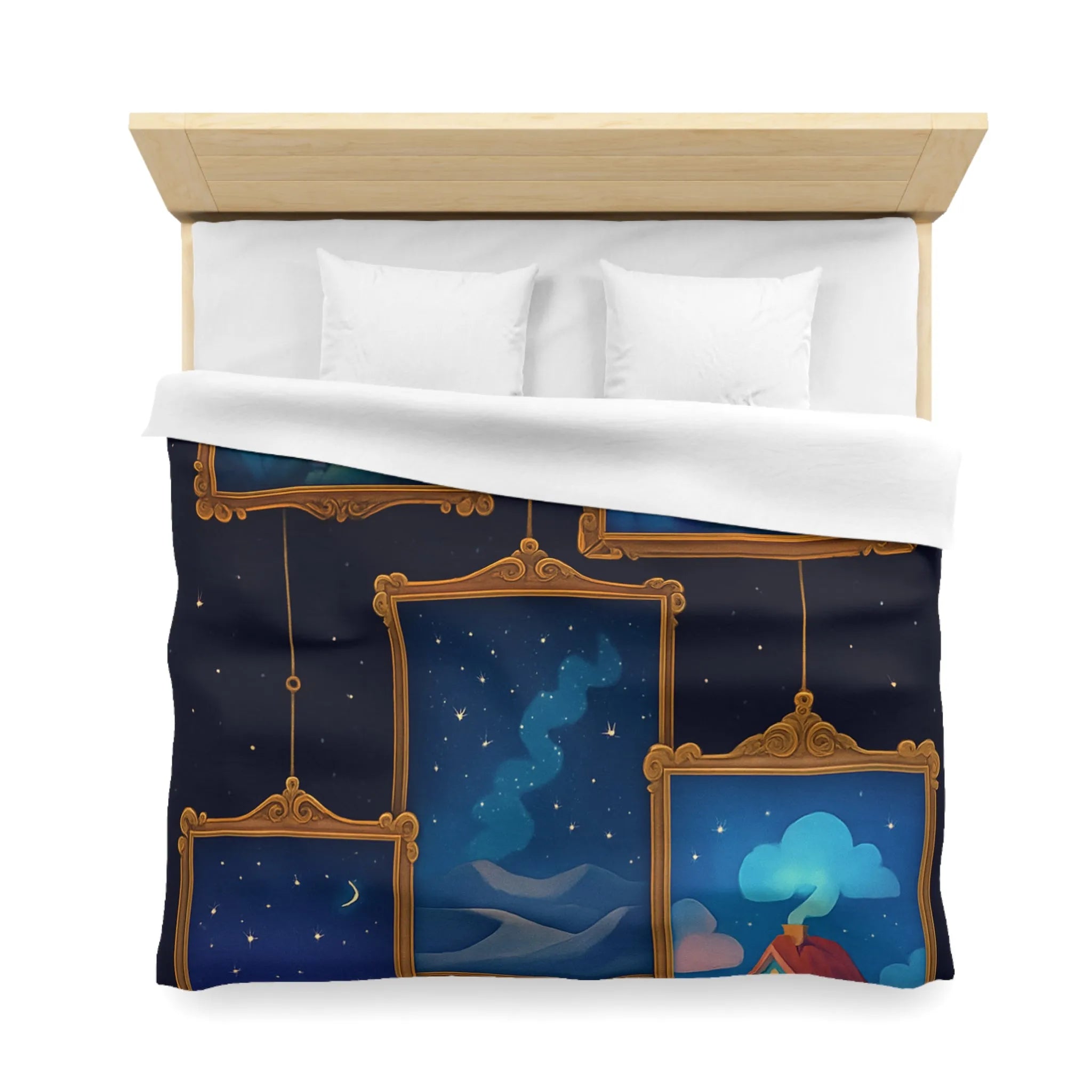 Housse de Couette Artistique avec Paysages de Nuit Étoilée et Fleuri Onirique