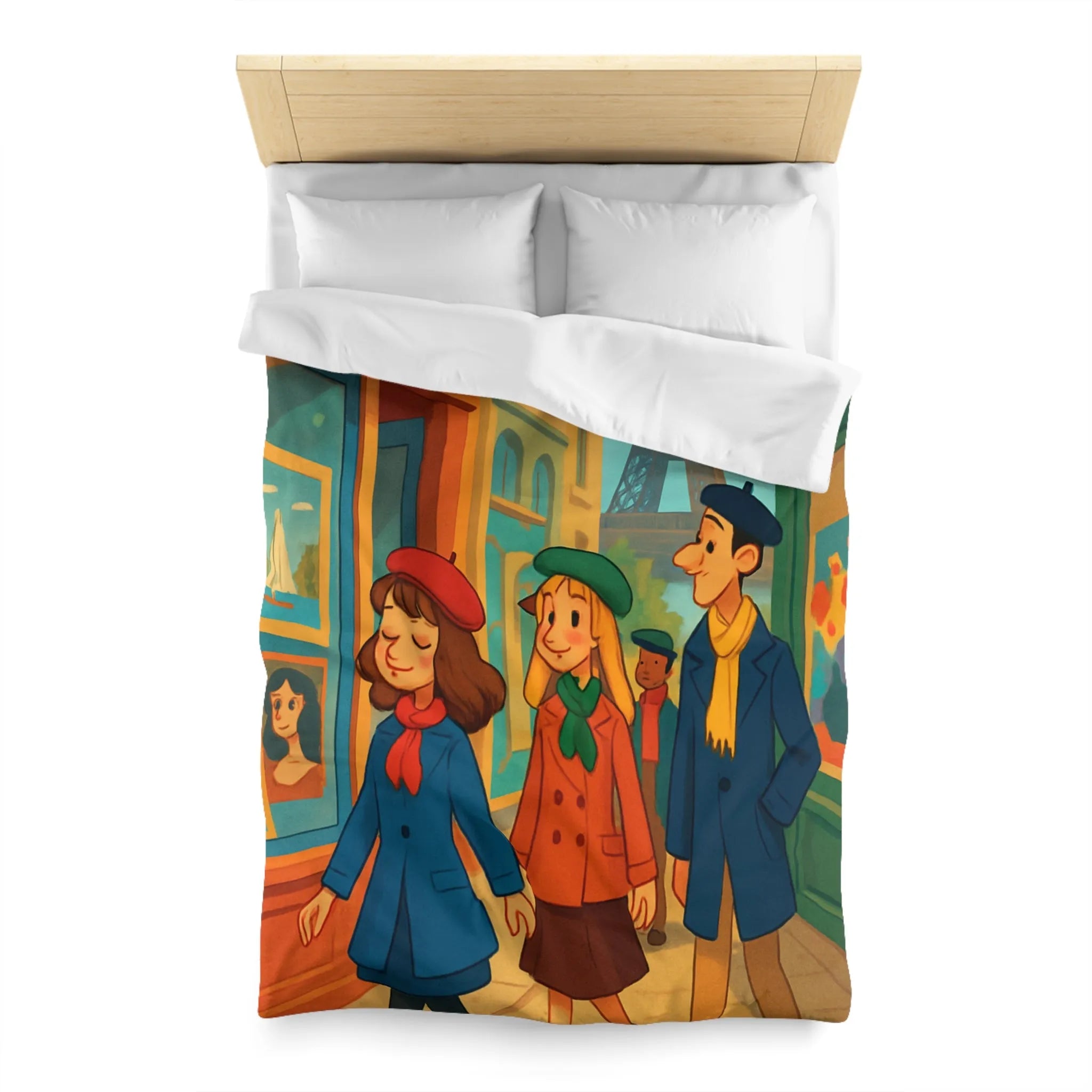 Housse de couette illustrée Paris promenade style rétro avec amis et Tour Eiffel