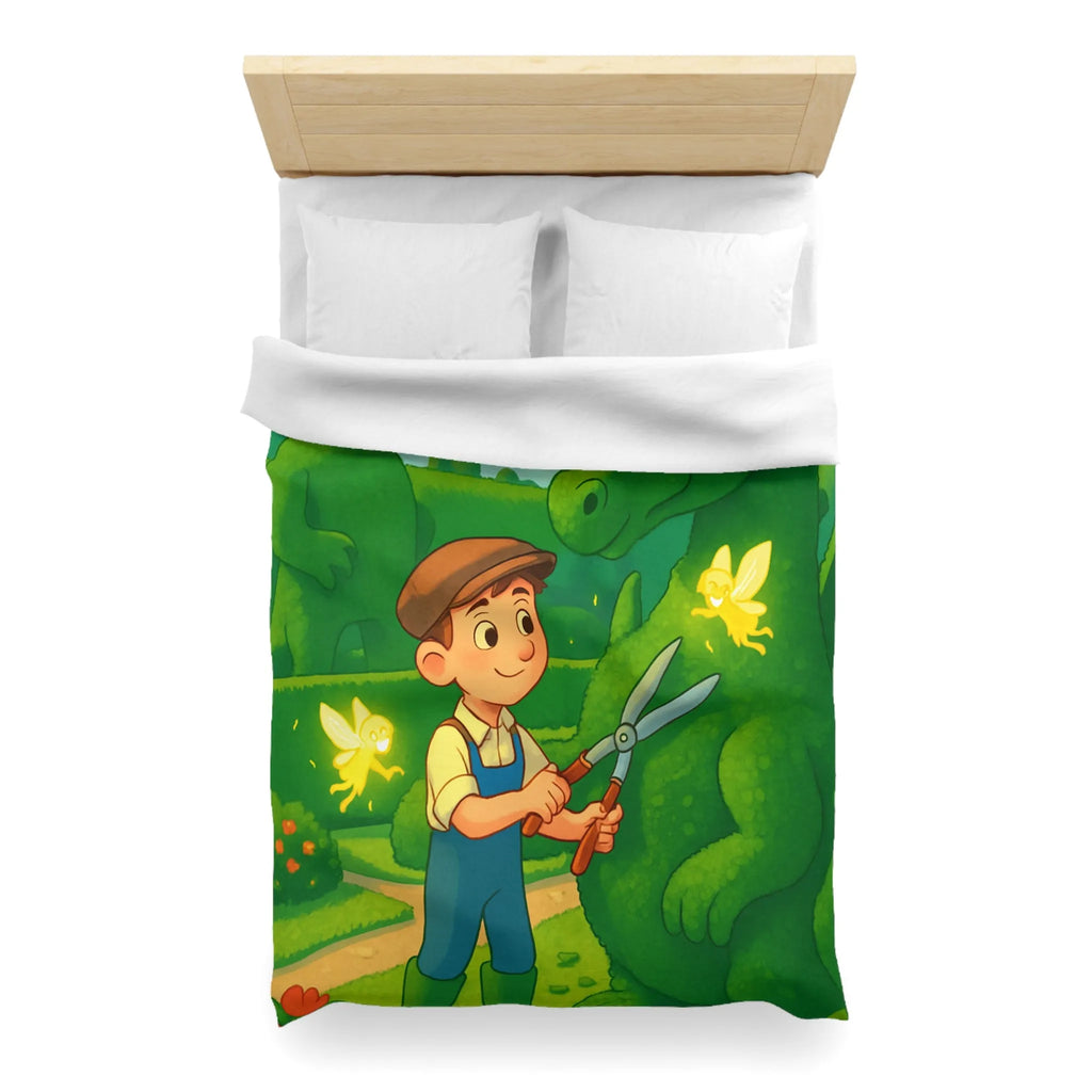 Housse de couette enfant dragon féérique avec jardin, verdure et ambiance magique naturelle
