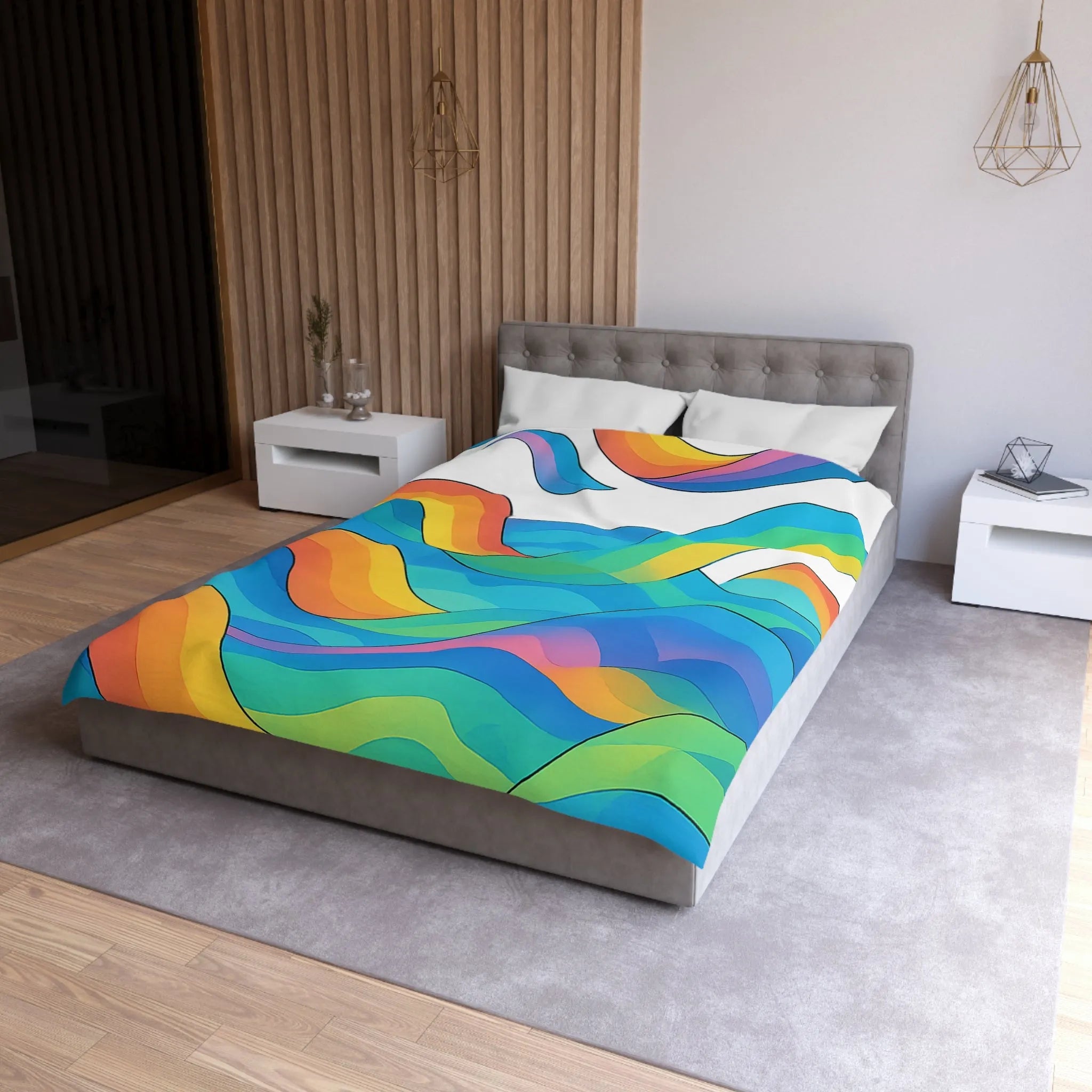 Housse de couette aux vagues arc-en-ciel vibrantes pour une chambre moderne et colorée
