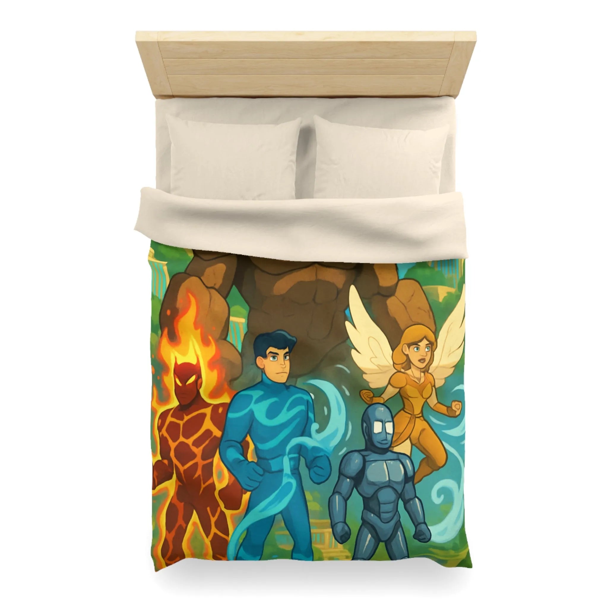 Housse de couette avec personnages héroïques et paysage fantastique inspirant enfant et adolescent