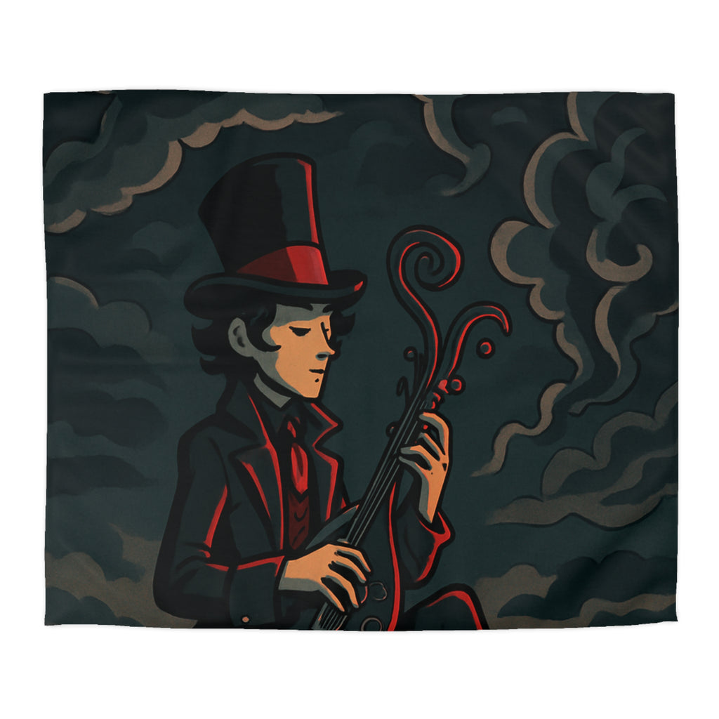 Mystérieuse silhouette avec chapeau haut-de-forme jouant d'un luth sous ciel orageux nocturne