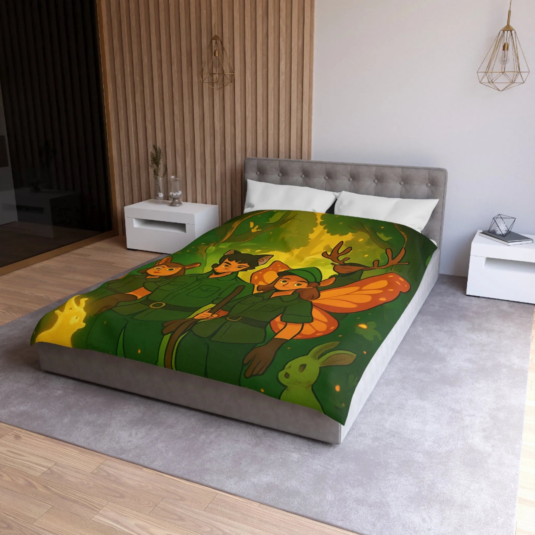 Housse de couette féerique avec gardiens de forêt, animaux magiques, ambiance verte et lumineuse