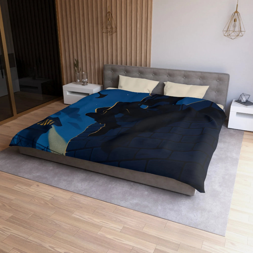 Housse de couette avec artiste en fuite sous ciel étoilé, ambiance nocturne captivante