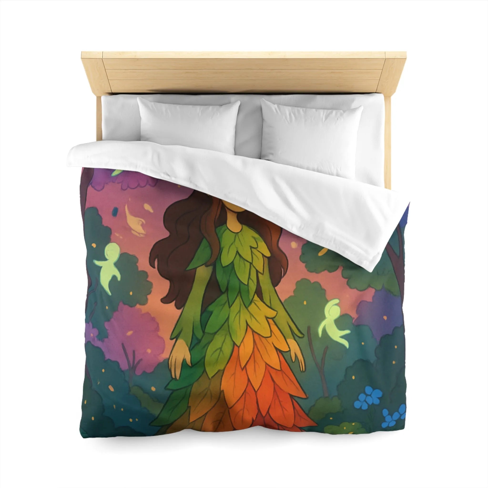 Housse de couette féerique forêt avec créatures lumineuses, design feuilles arc-en-ciel enchanteur