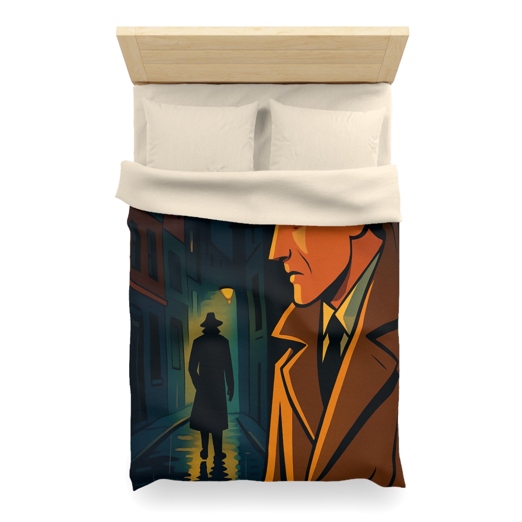Housse de couette vintage style détective film noir avec scène de rue mystérieuse