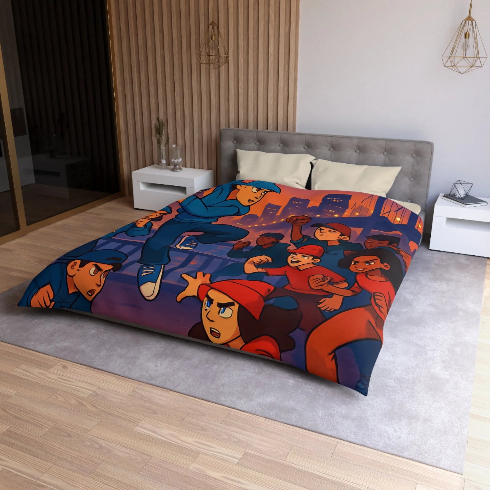 Housse de couette illustrée avec danseurs urbains dynamiques sur fond de pont illuminé