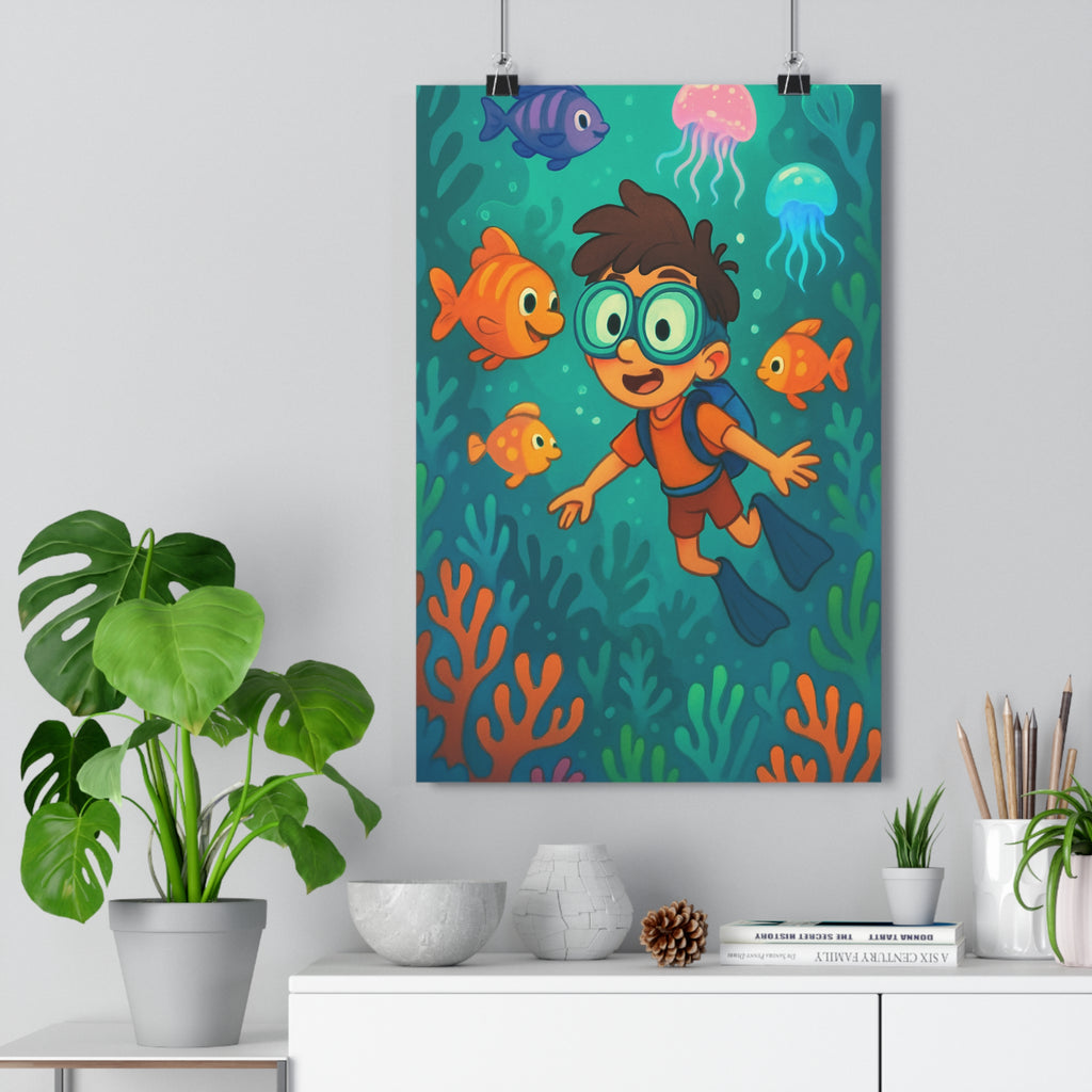 Poster décoratif enfant coloré lumineux dessin animé joyeux chambre poissons méduses coraux sousmarin qualité