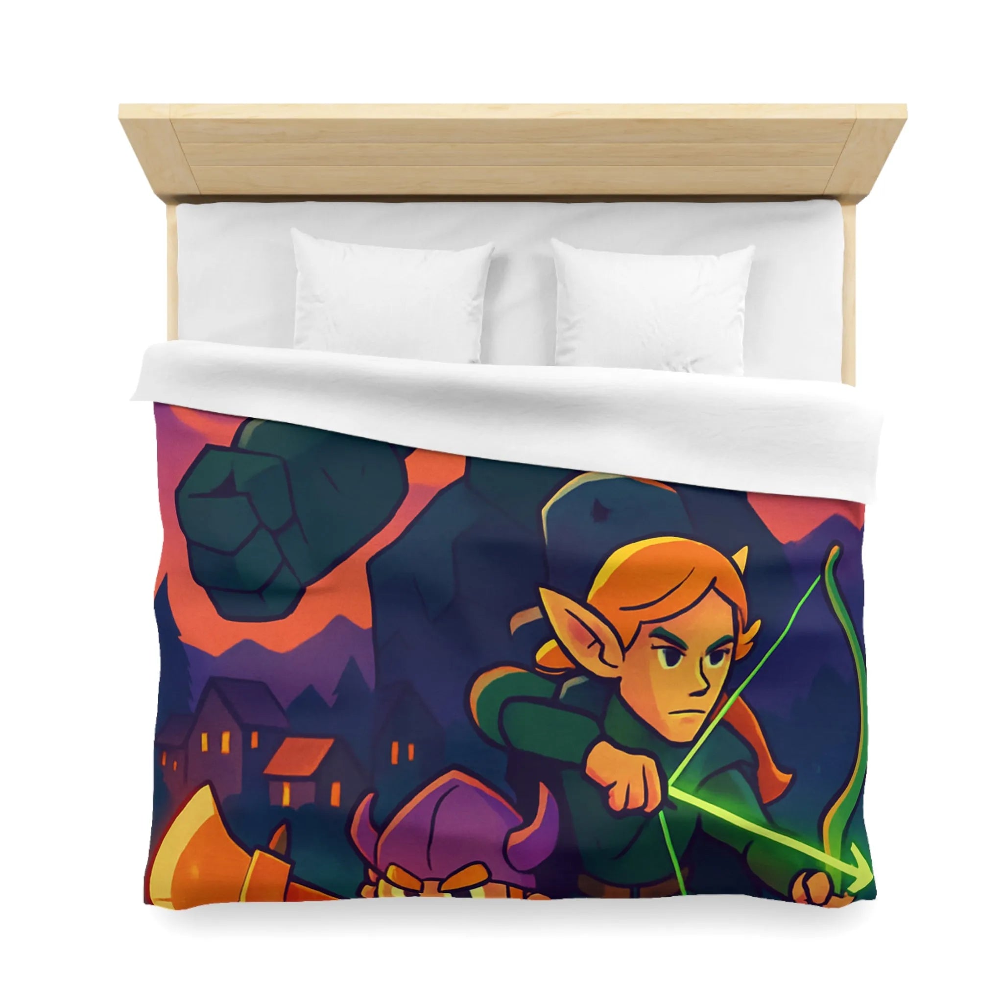 Housse de Couette Fantastique avec Guerrier, Archer et Golem sous Aurores Boréales Éclatantes