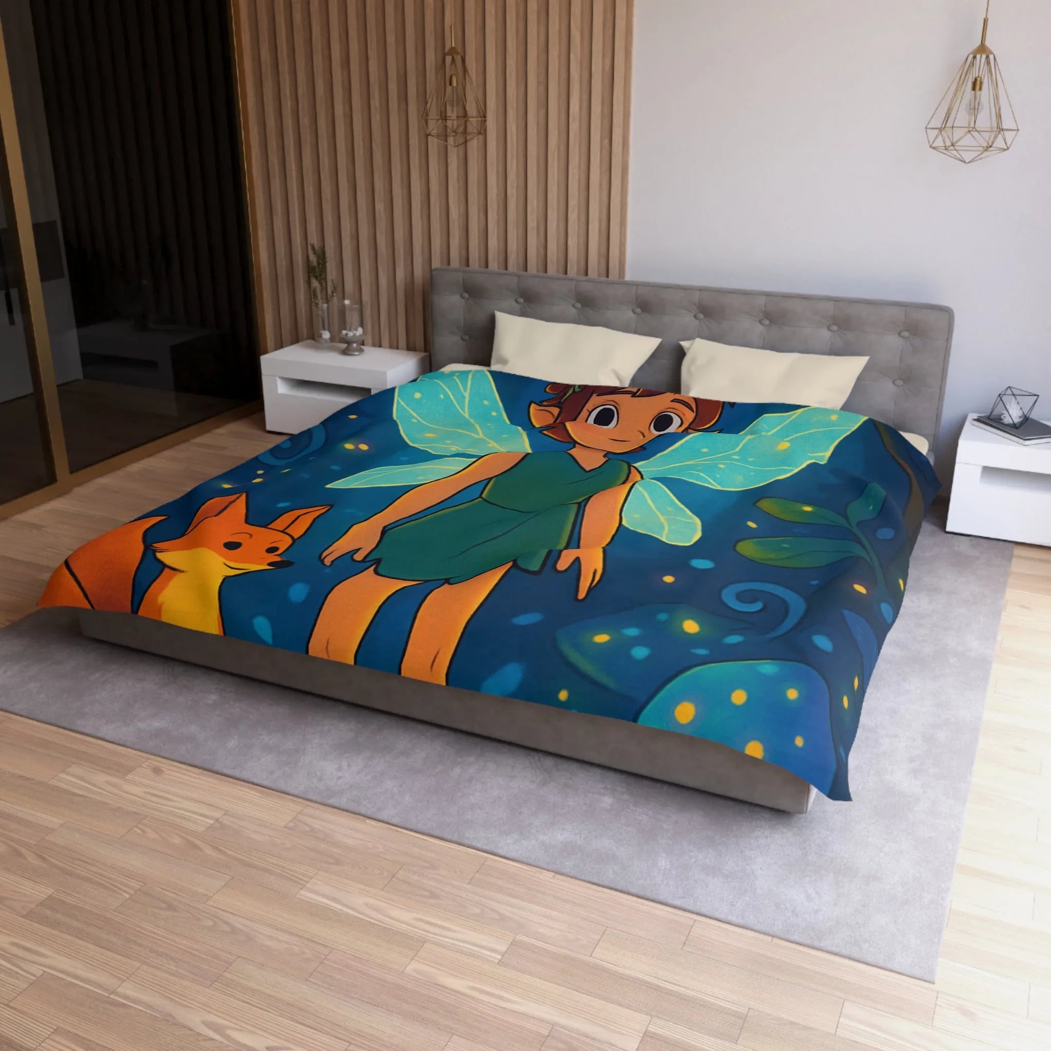 Housse de Couette Féerique avec Fée Ailée et Renard dans Forêt Enchantée Multicolore
