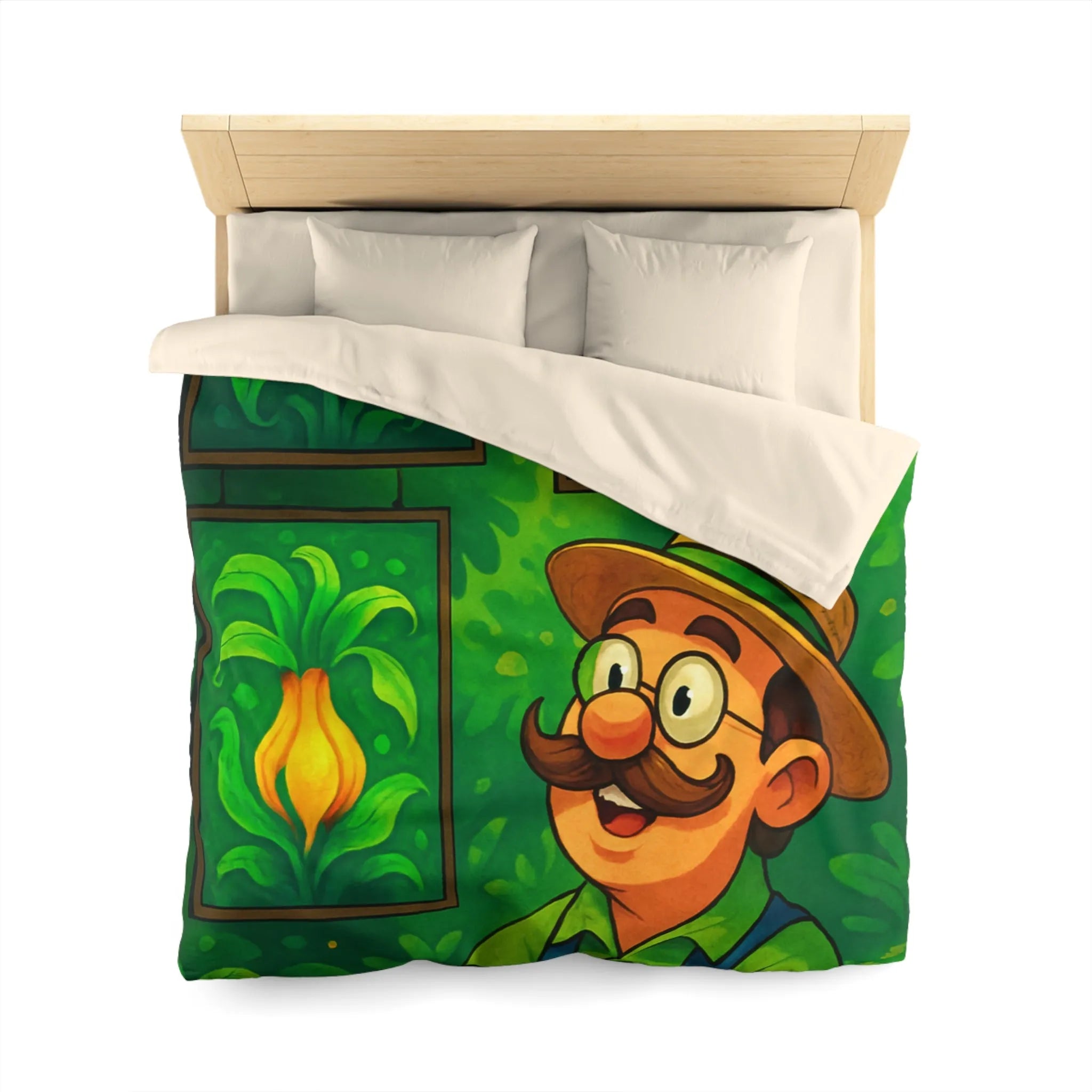 "Housse de Couette Motif Tropical avec Fleurs Exotiques et Jardinier Heureux Illustré"