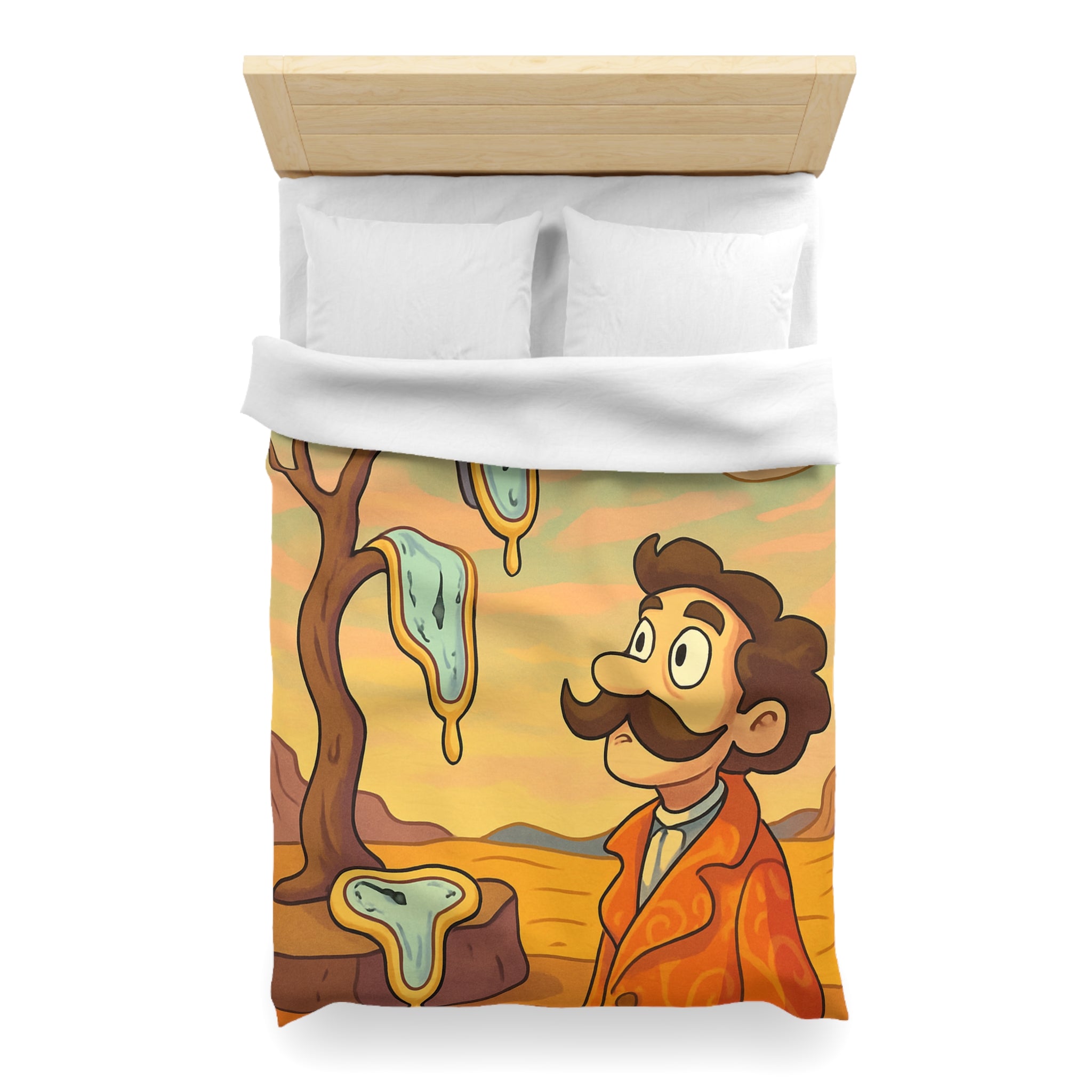 Housse de couette style surréaliste avec montres molles et paysage désertique vibrant