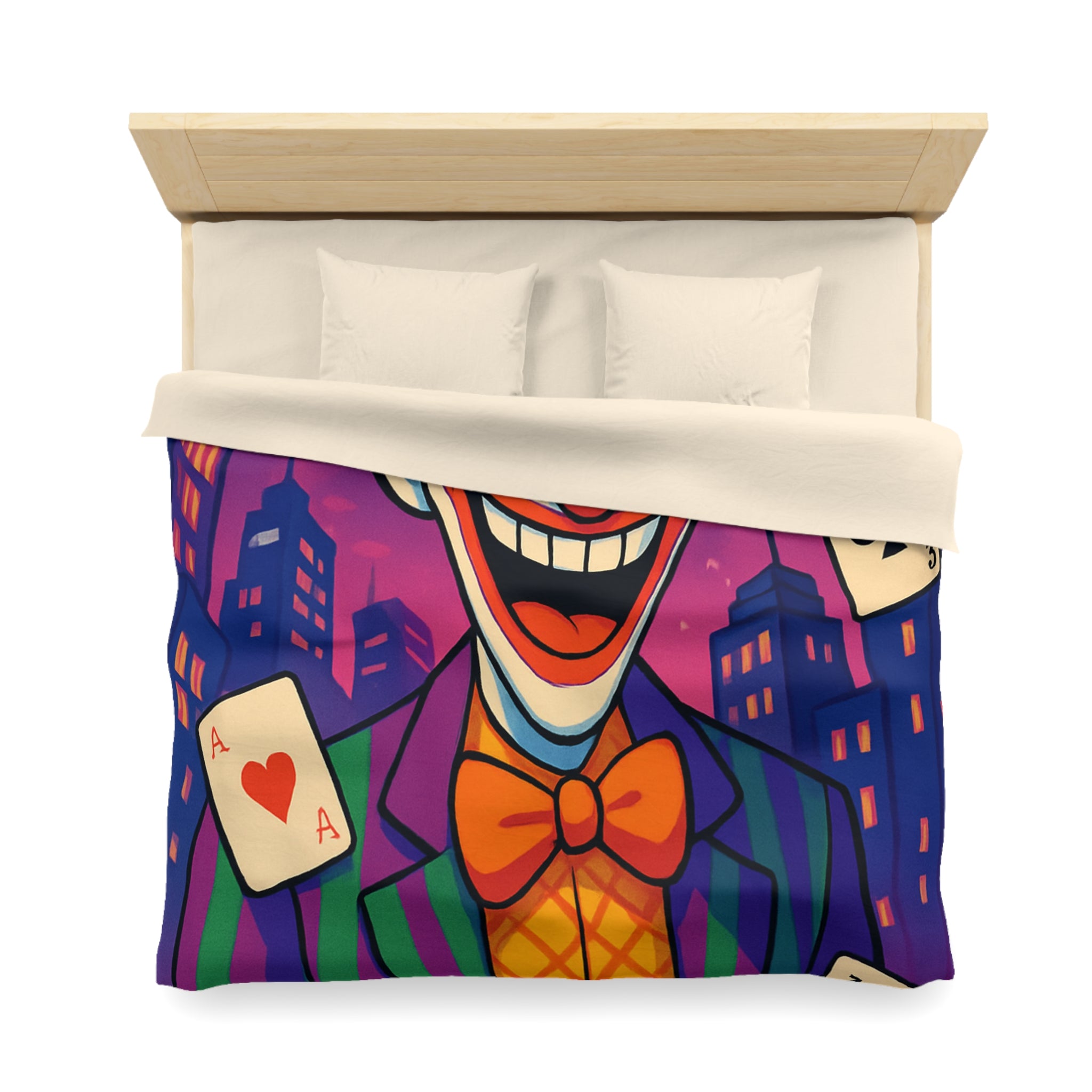 Housse de couette vibrante avec clown effrayant et cartes à jouer en arrière-plan urbain