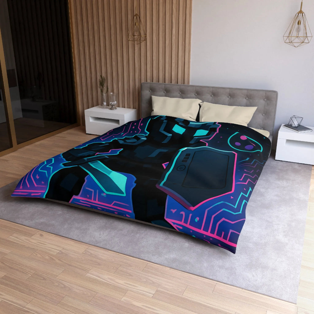 Housse de Couette avec Guerrier Pixel Art et Éléments Numériques Lumineux Nocturnes