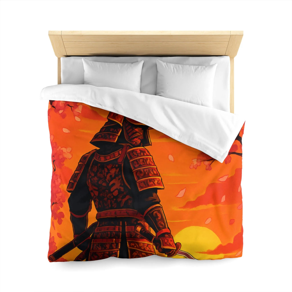 Housse de couette avec motif samouraï au coucher du soleil, arbres et fleurs roses