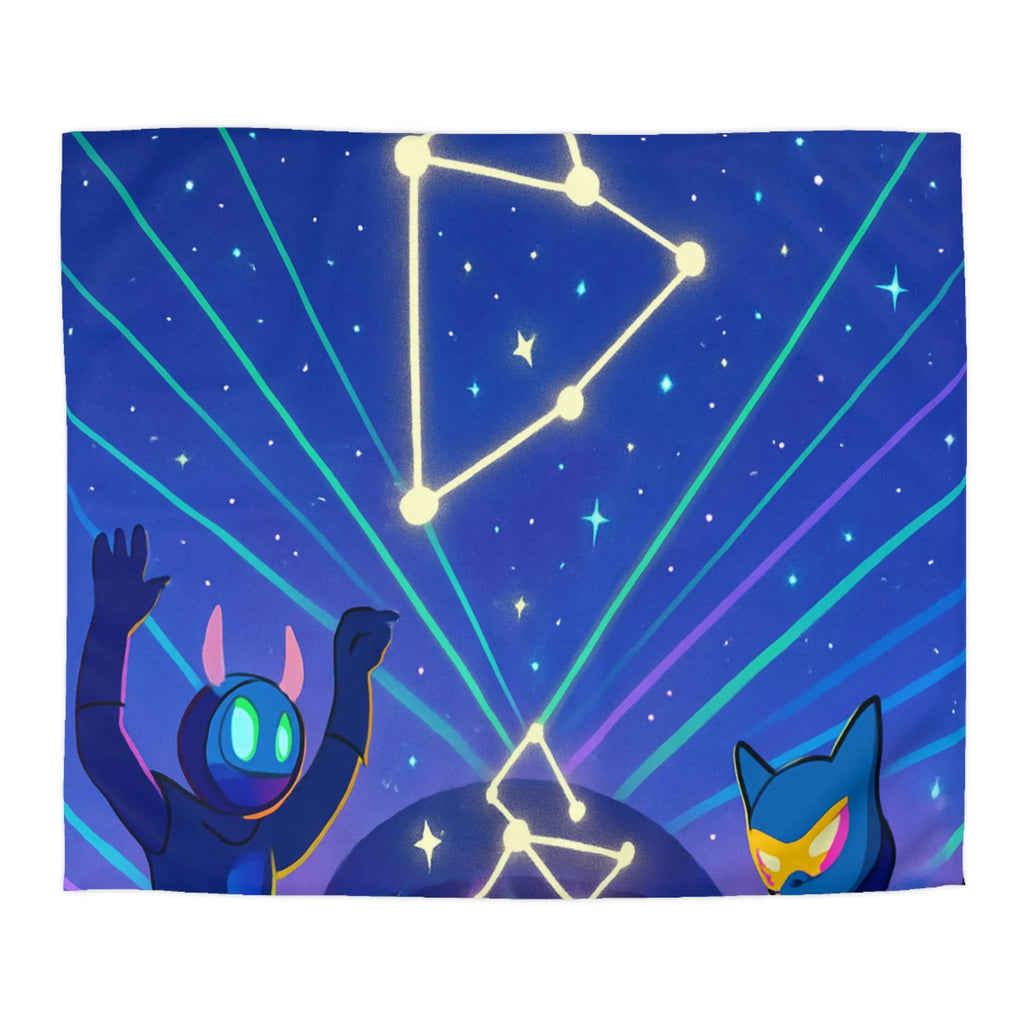 Housse de couette futuriste étoiles et créatures dansant sous un ciel étoilé lumineux