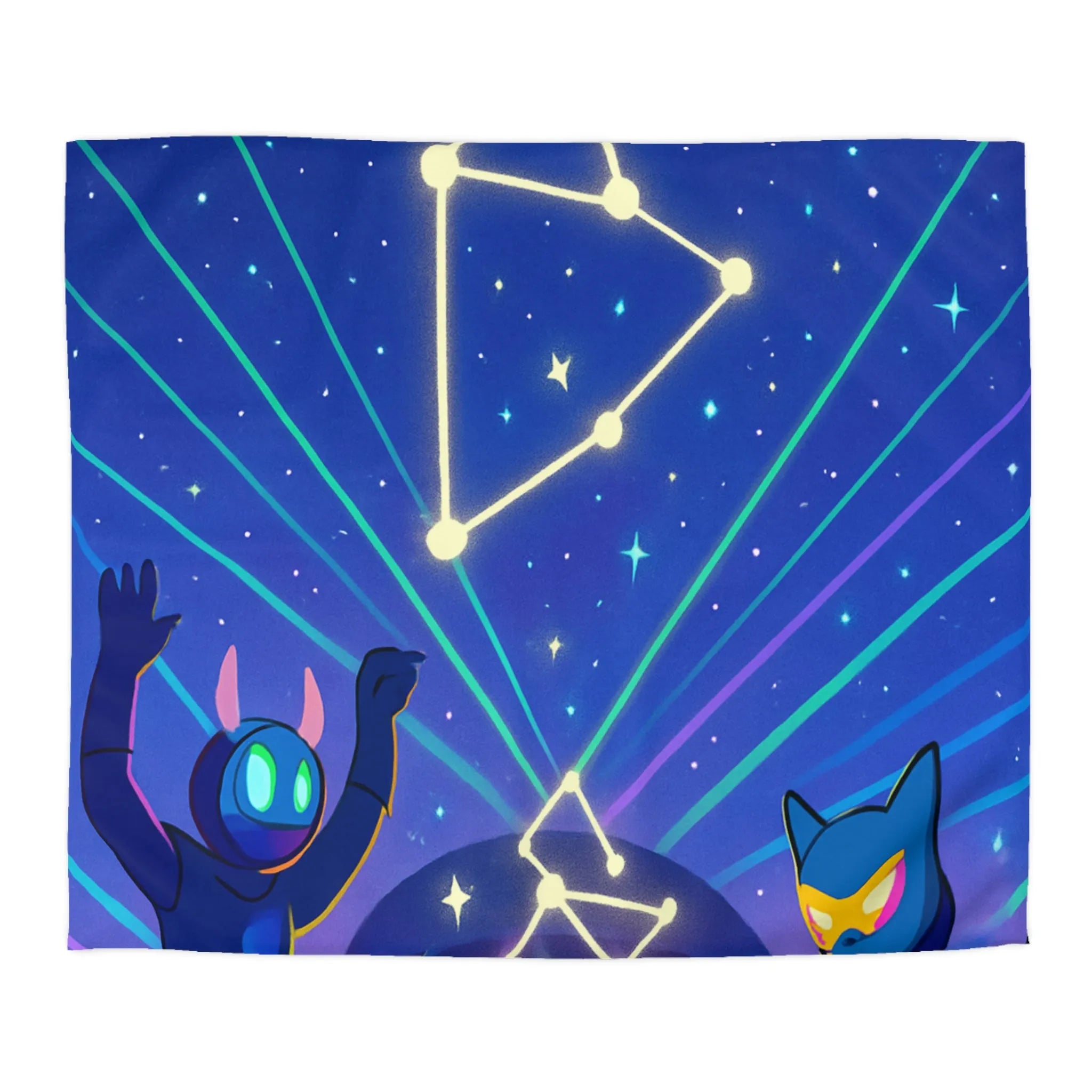 Housse de couette futuriste étoiles et créatures dansant sous un ciel étoilé lumineux