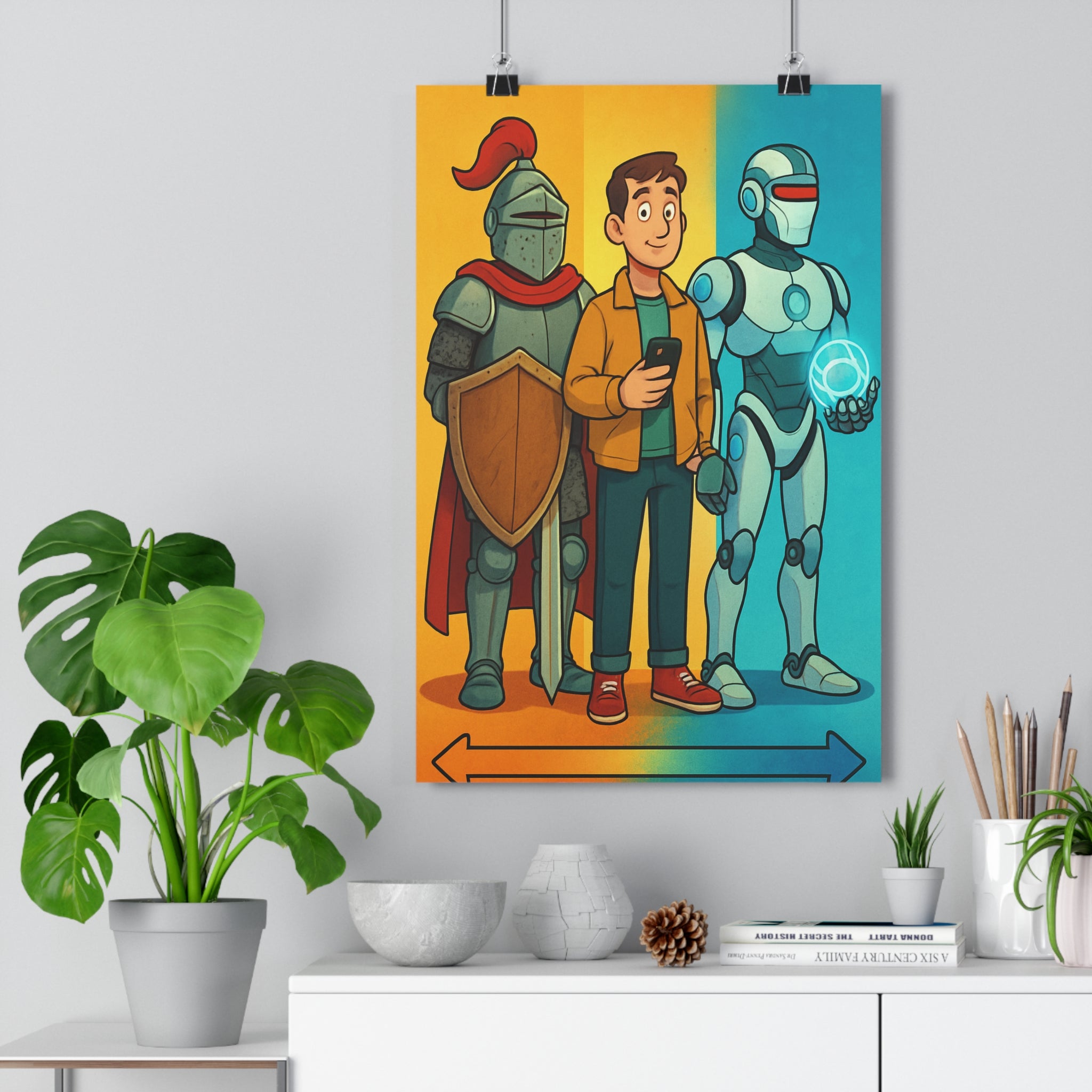 Poster décoratif épique jaune bleu cartoon fantasy chevalier moderne robot dynamique chambre bureau qualité