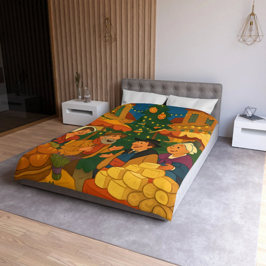 Housse de couette festive avec marché de Noël et sapin illuminé au village