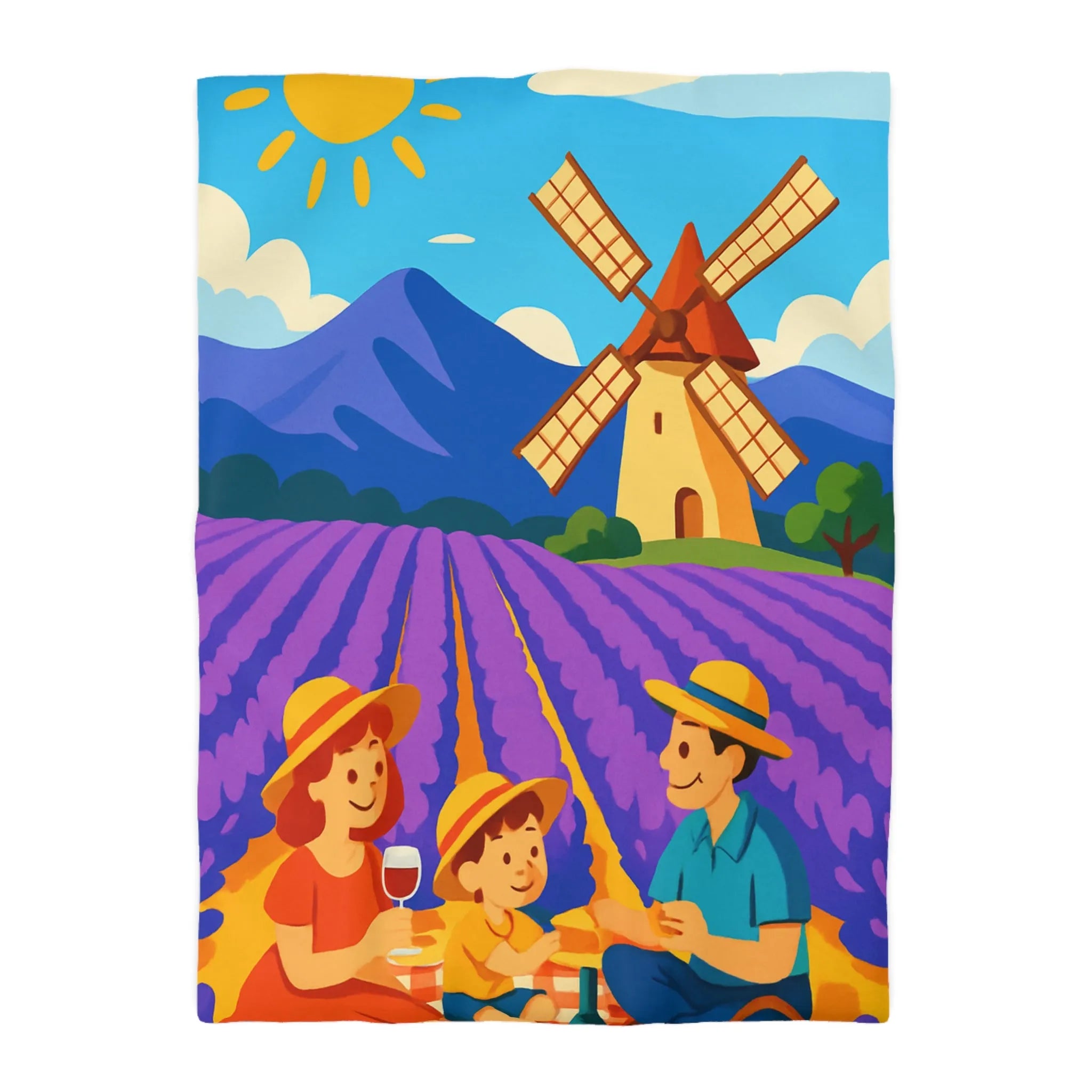 Housse de Couette Illustrée Scène de Pique-Nique en Provence avec Moulin à Vent