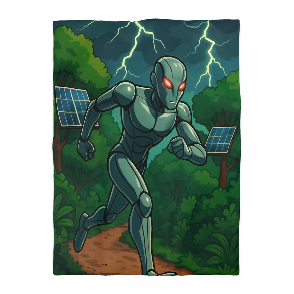 Housse de couette avec robot futuriste courant dans une jungle électrifiée et orageuse