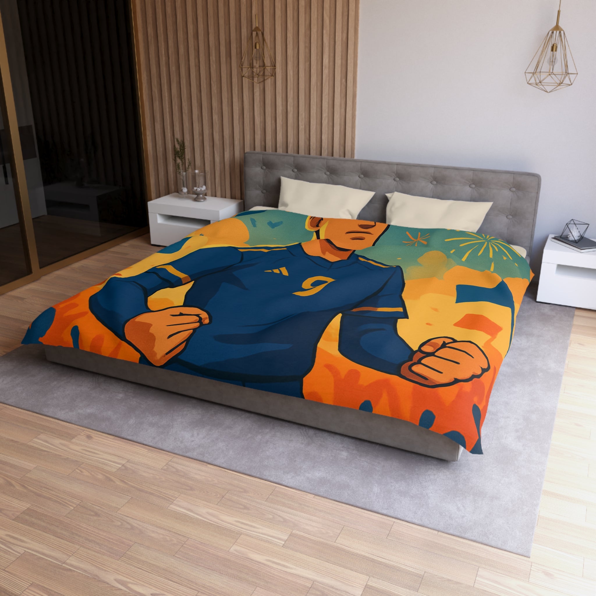 Housse de couette sportive avec joueur de football, feux d'artifice et ambiance festive