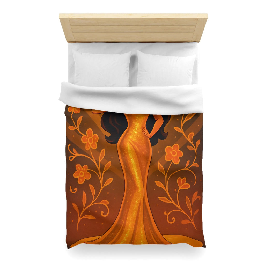 Élégante illustration de femme en robe dorée longue avec fleurs et effets lumineux