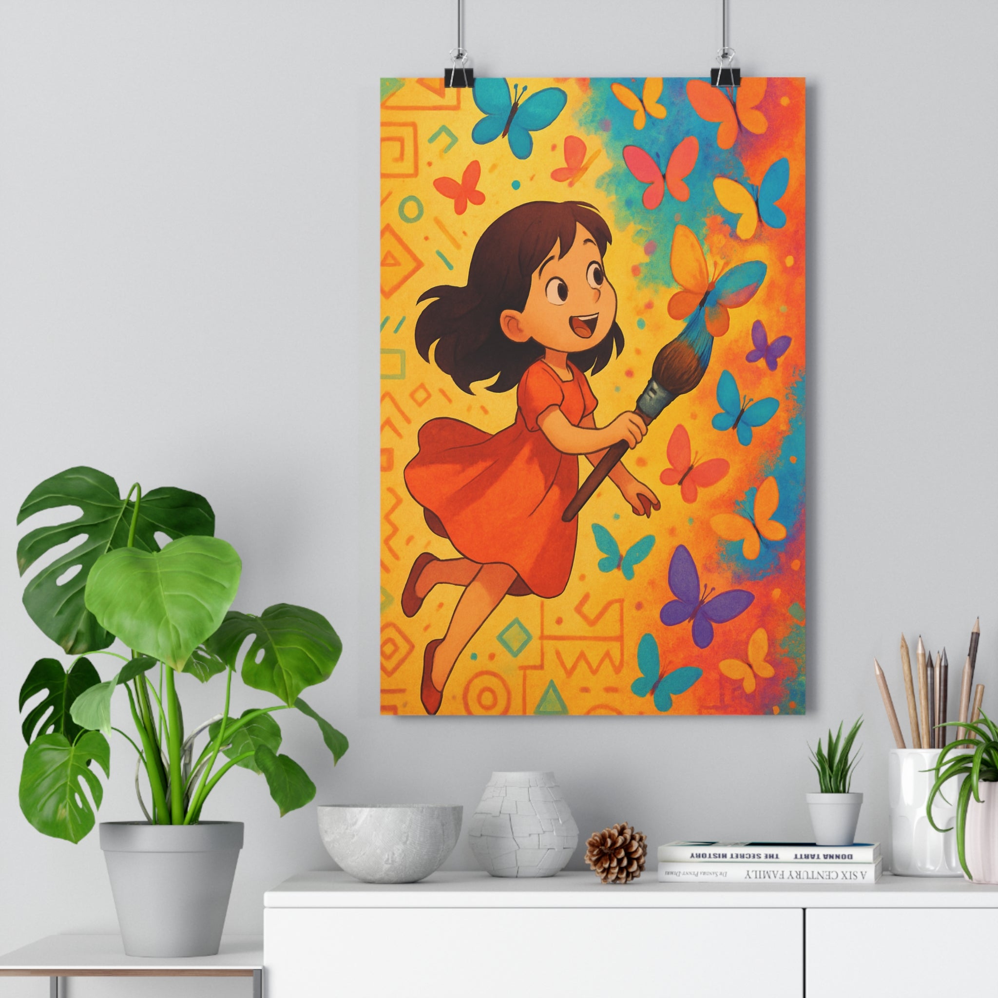 Poster décoratif animé fille orange papillons colorés joyeux créatif chambre vibrant géométrique 30x46 qualité