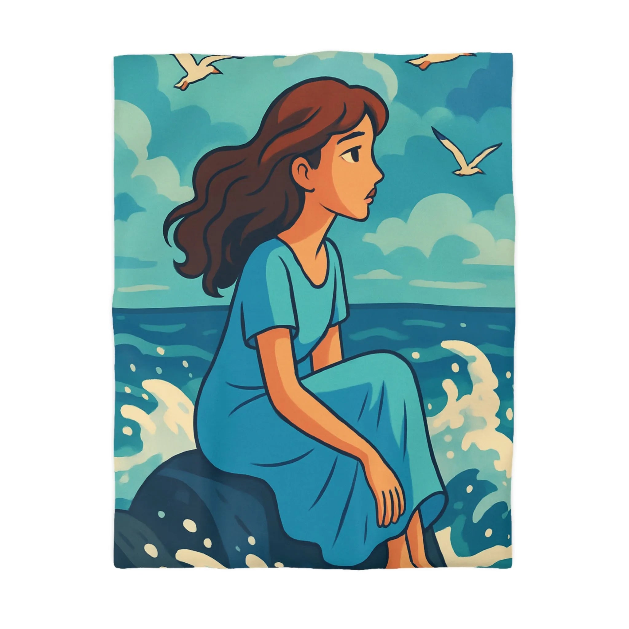Housse de Couette Art Nouveau Femme Mermaid Assise sur Rochers avec Mouettes
