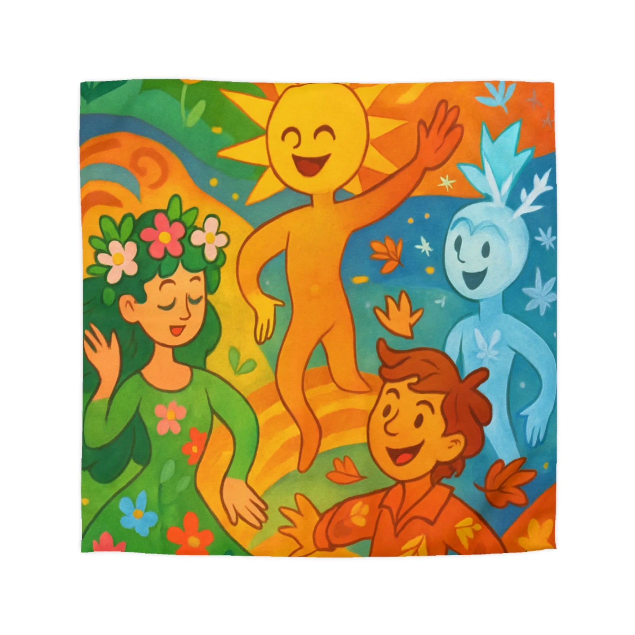 Housse de couette éclatante illustrant les quatre saisons dans un design ludique et coloré