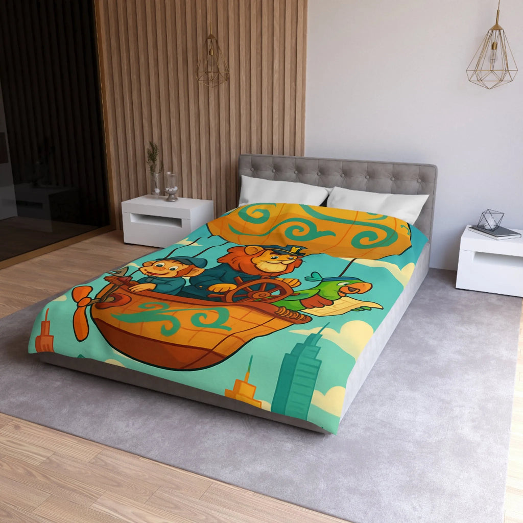 Housse de couette enfant avec montgolfière lion, singe, perroquet colorée et joyeuse