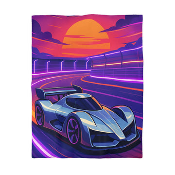 Housse de couette de voiture futuriste dérapante sur circuit éclairé au coucher du soleil