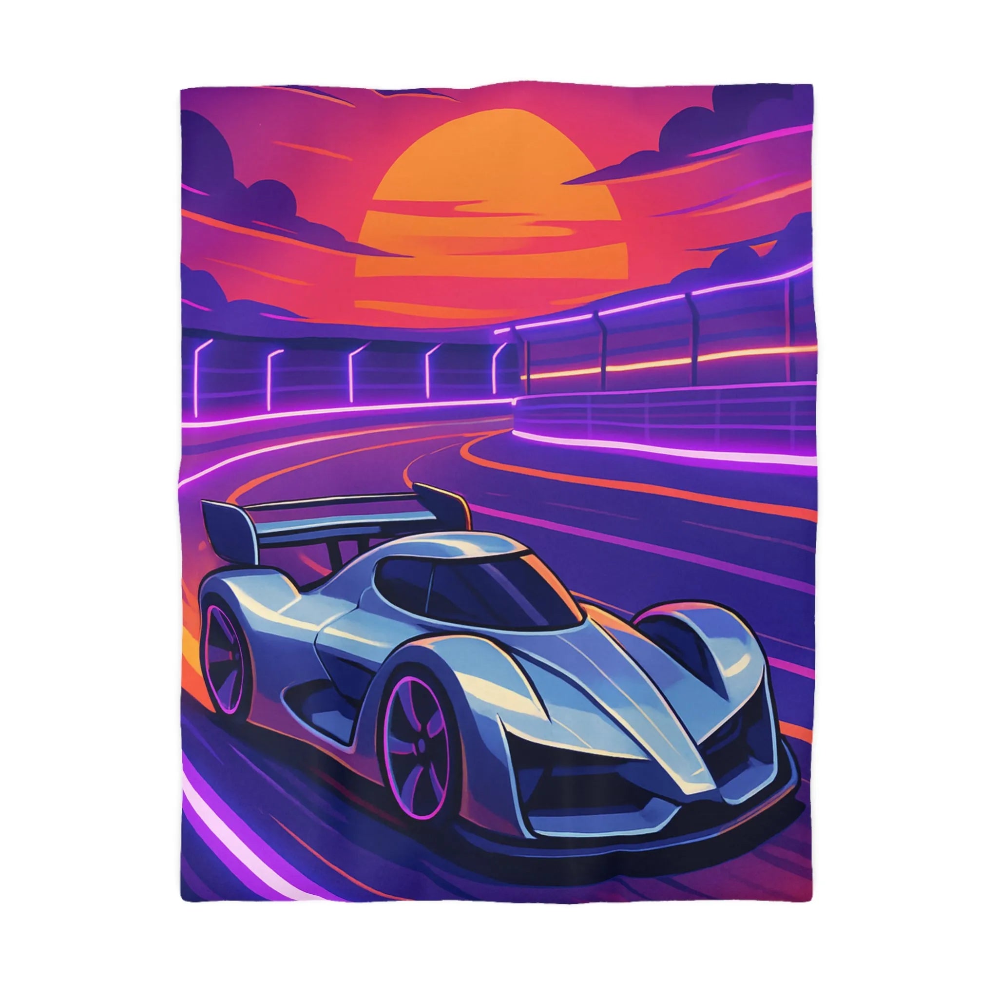 Housse de couette de voiture futuriste dérapante sur circuit éclairé au coucher du soleil