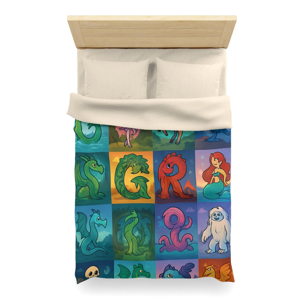 Housse de couette enchantée avec lettres magiques et créatures mythiques colorées