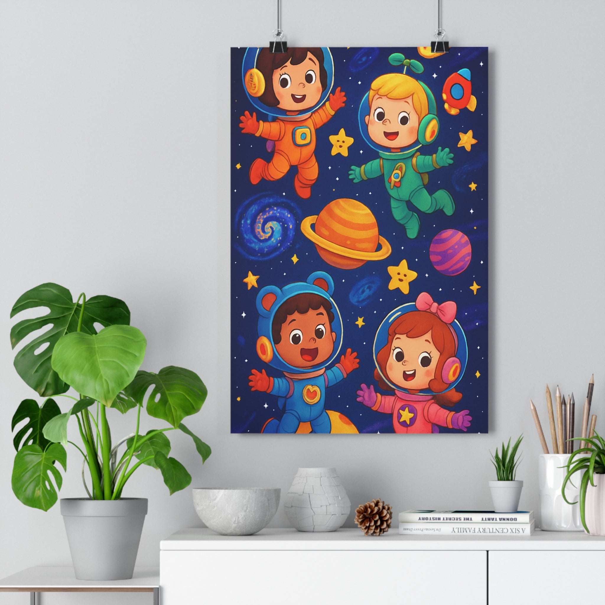 Poster décoratif enfant chambre aventure joyeux coloré bleu cartoon spatial galactique ludique étoiles planètes