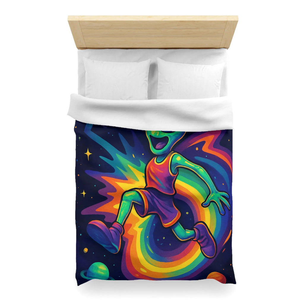 Housse de couette colorée avec alien jouant au basket dans l'espace intergalactique étoilé