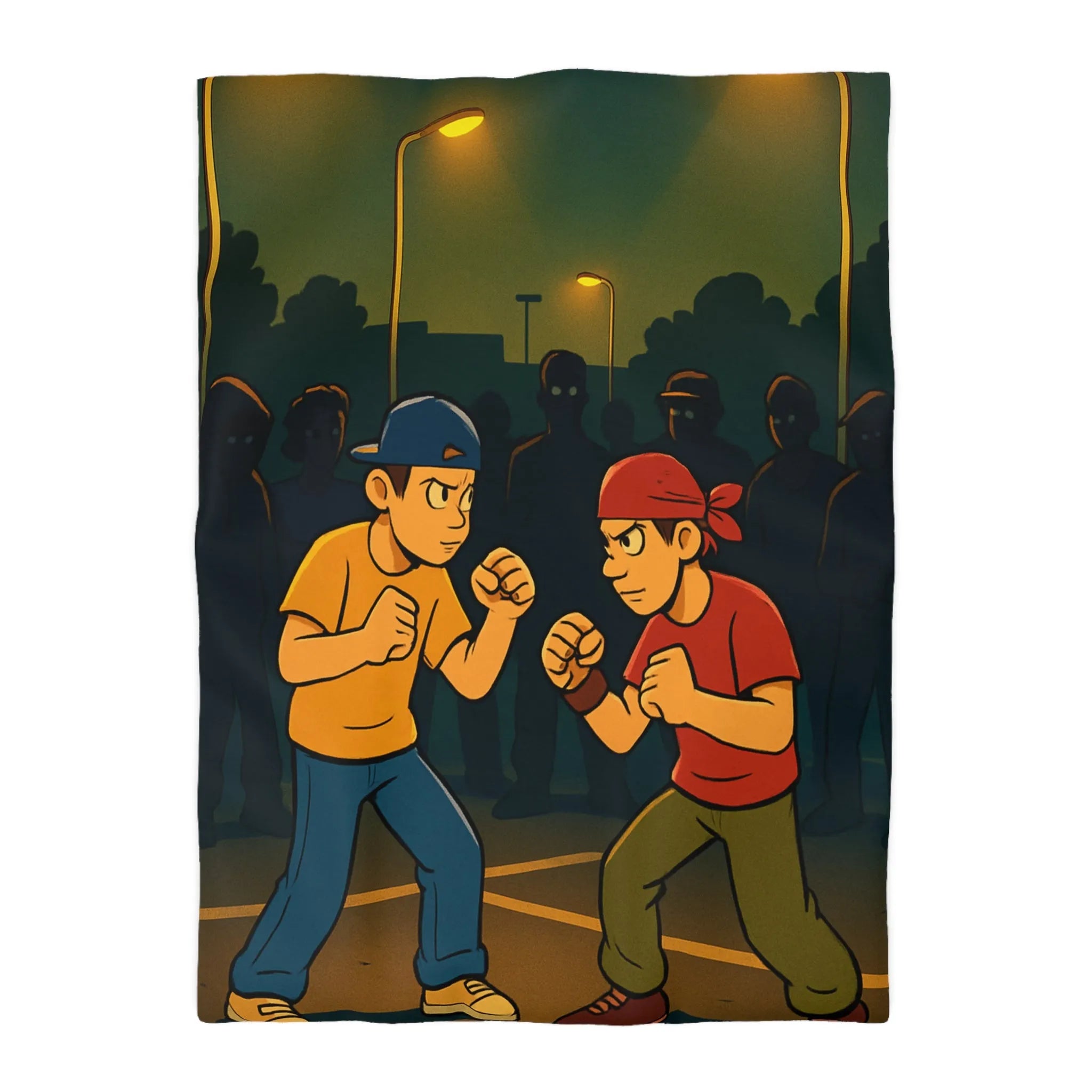 Housse de couette avec illustration urbaine de deux boxeurs sous lampadaires la nuit