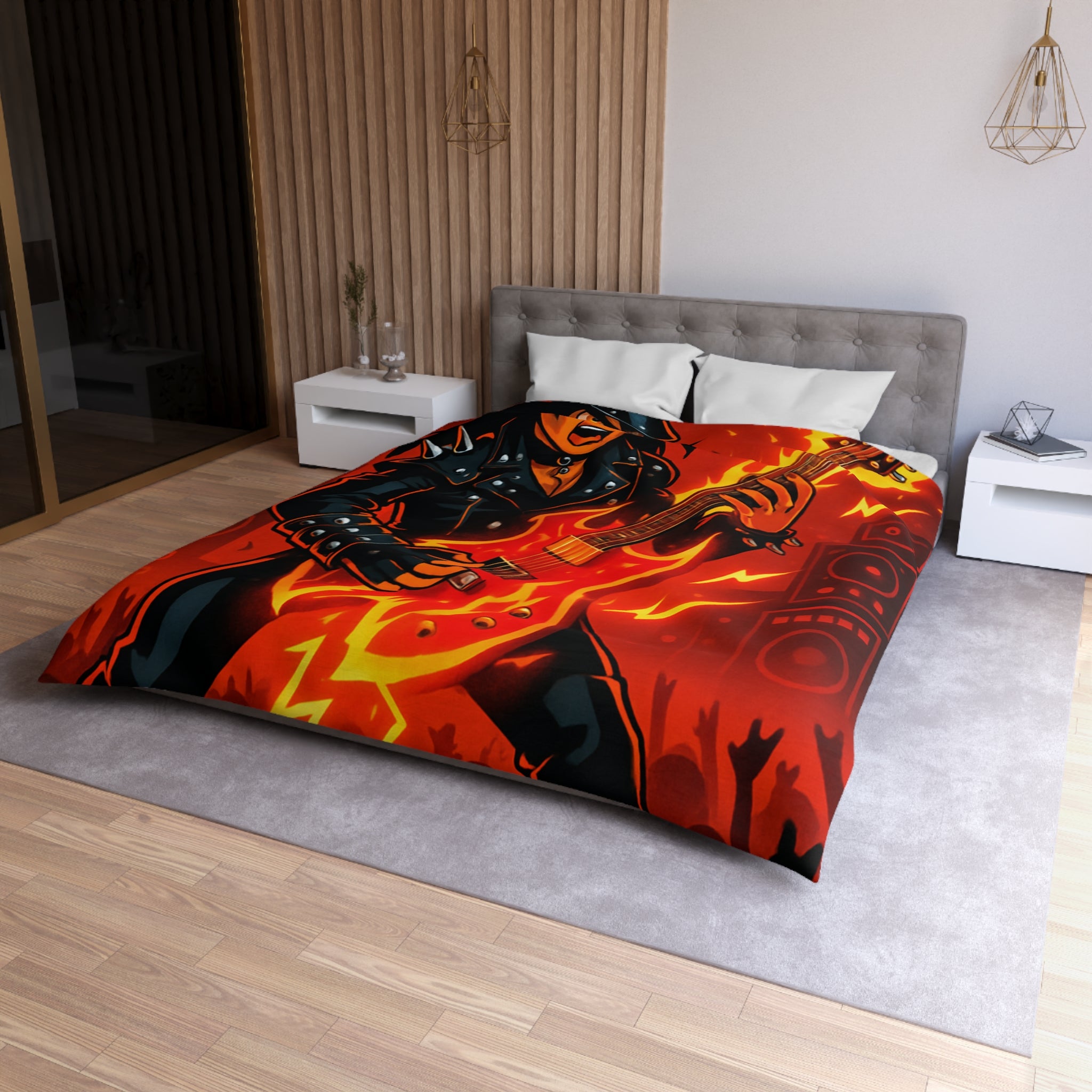 Housse de couette rock énergique avec guitariste enflammé et ambiance concert spectaculaire