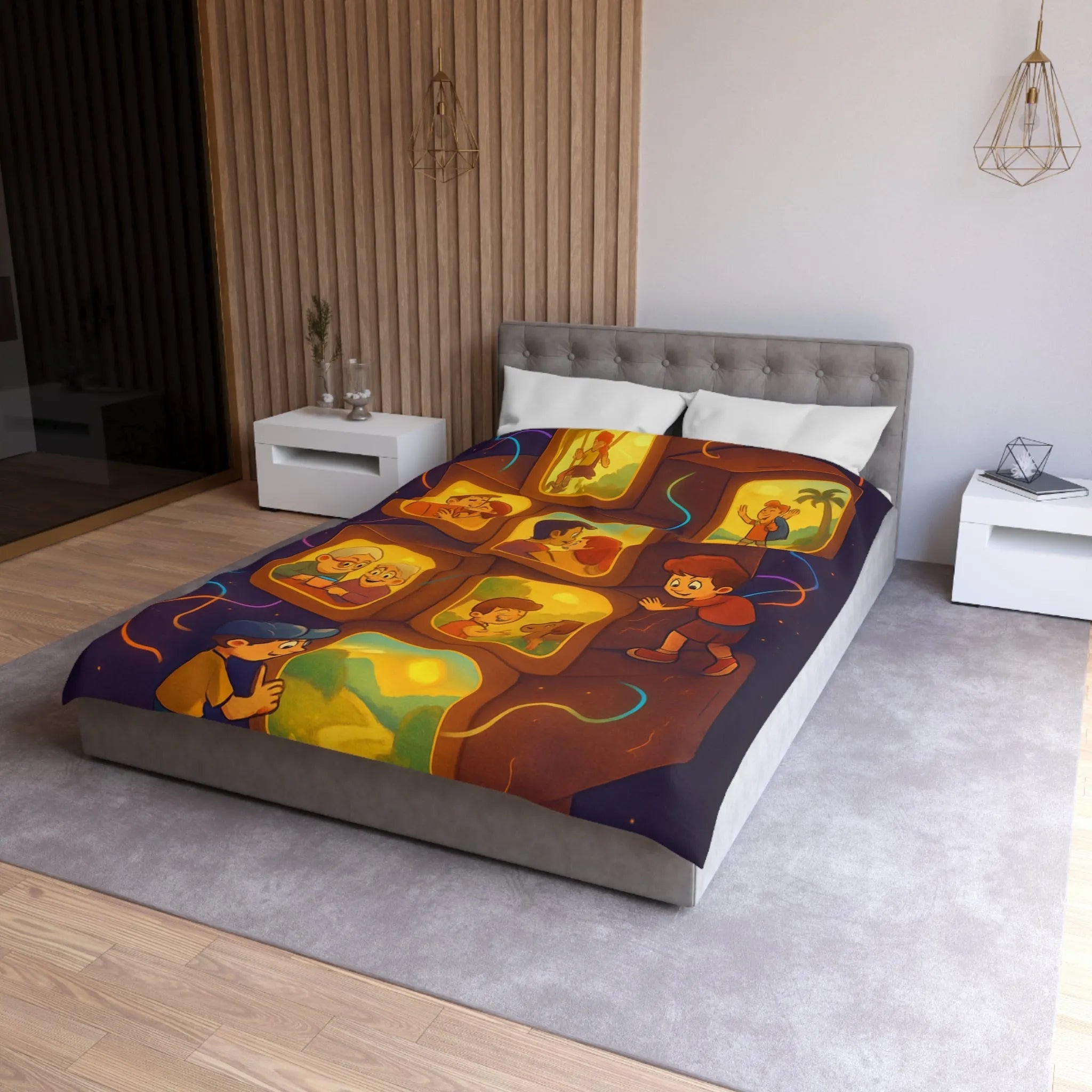 Housse de Couette Illustrée avec Scènes de Famille et Couleurs Chaudes, Ambiance Rétro