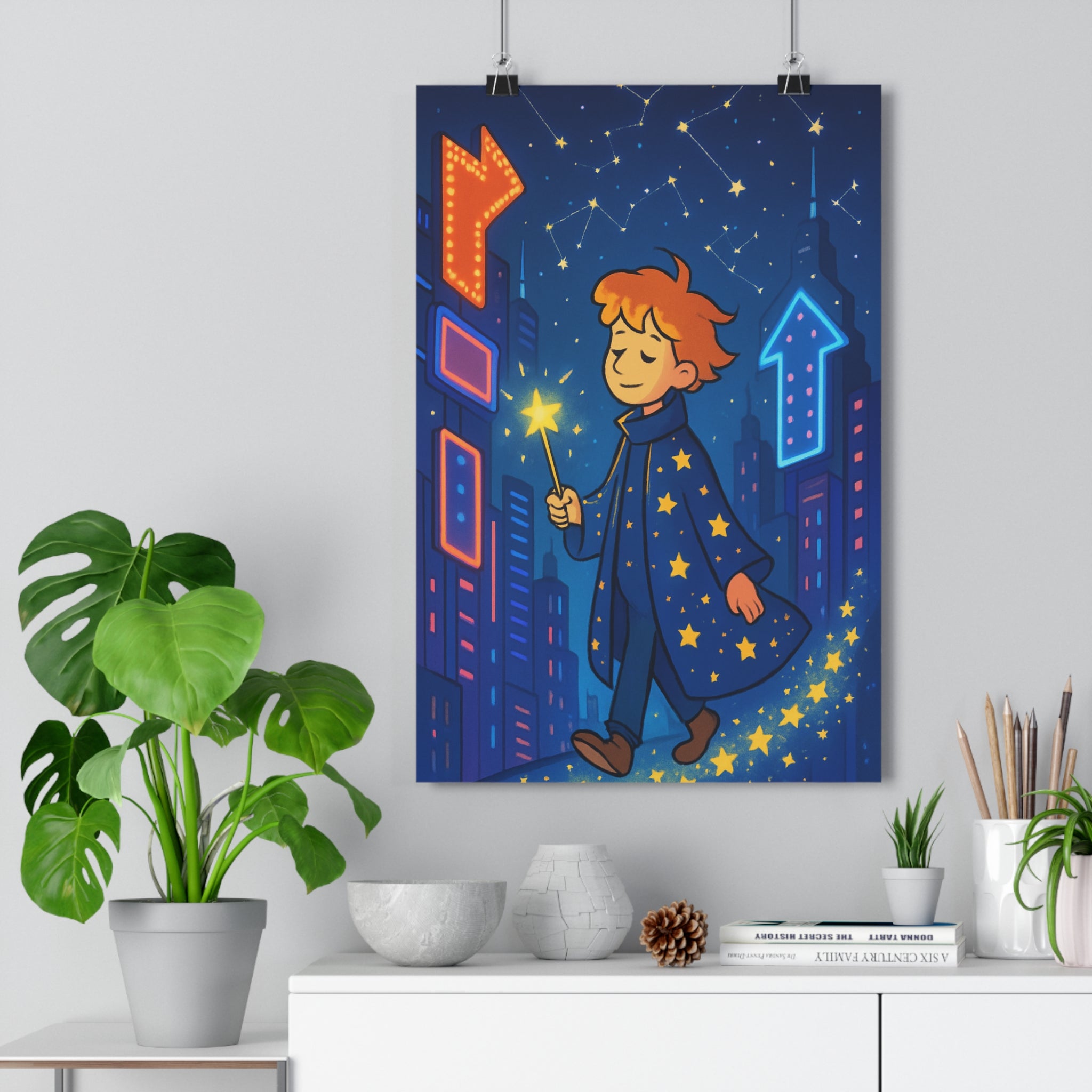 Poster décoratif futuriste enfant magique étoilé lumineux néons colorés ambiance rêve chambre aventure qualité