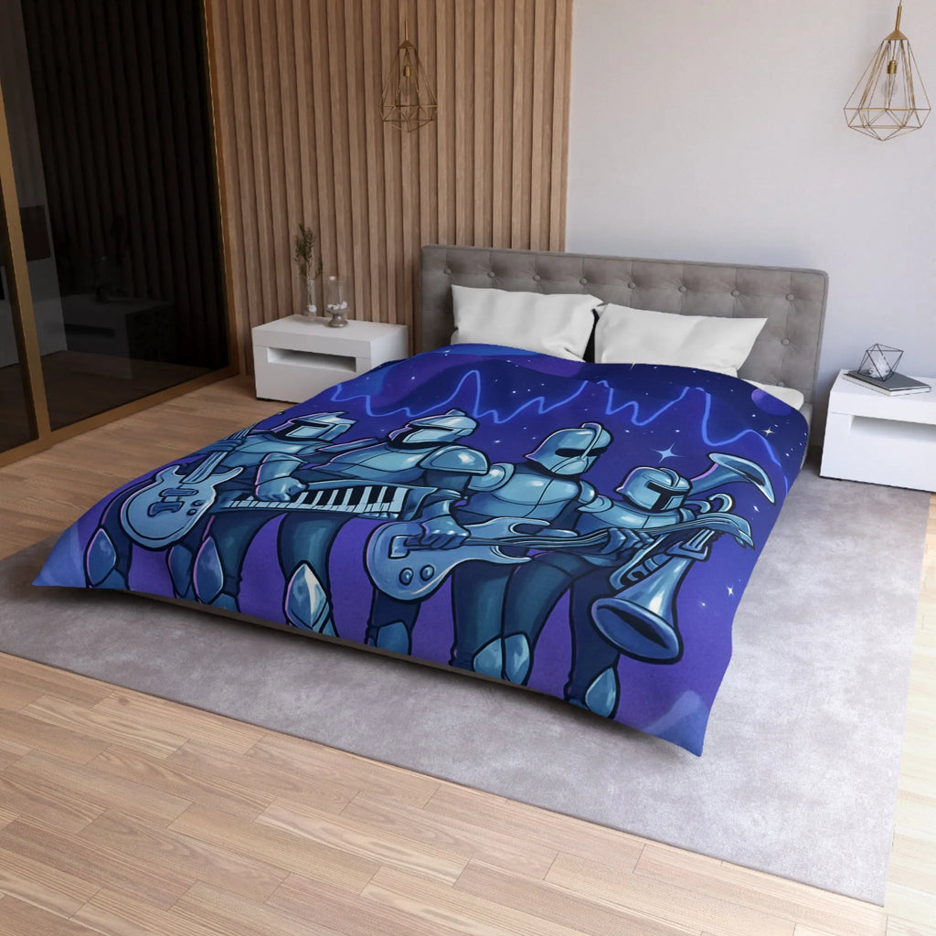 Housse de couette futuriste avec chevaliers musiciens sur fond spatial étoilé galactique