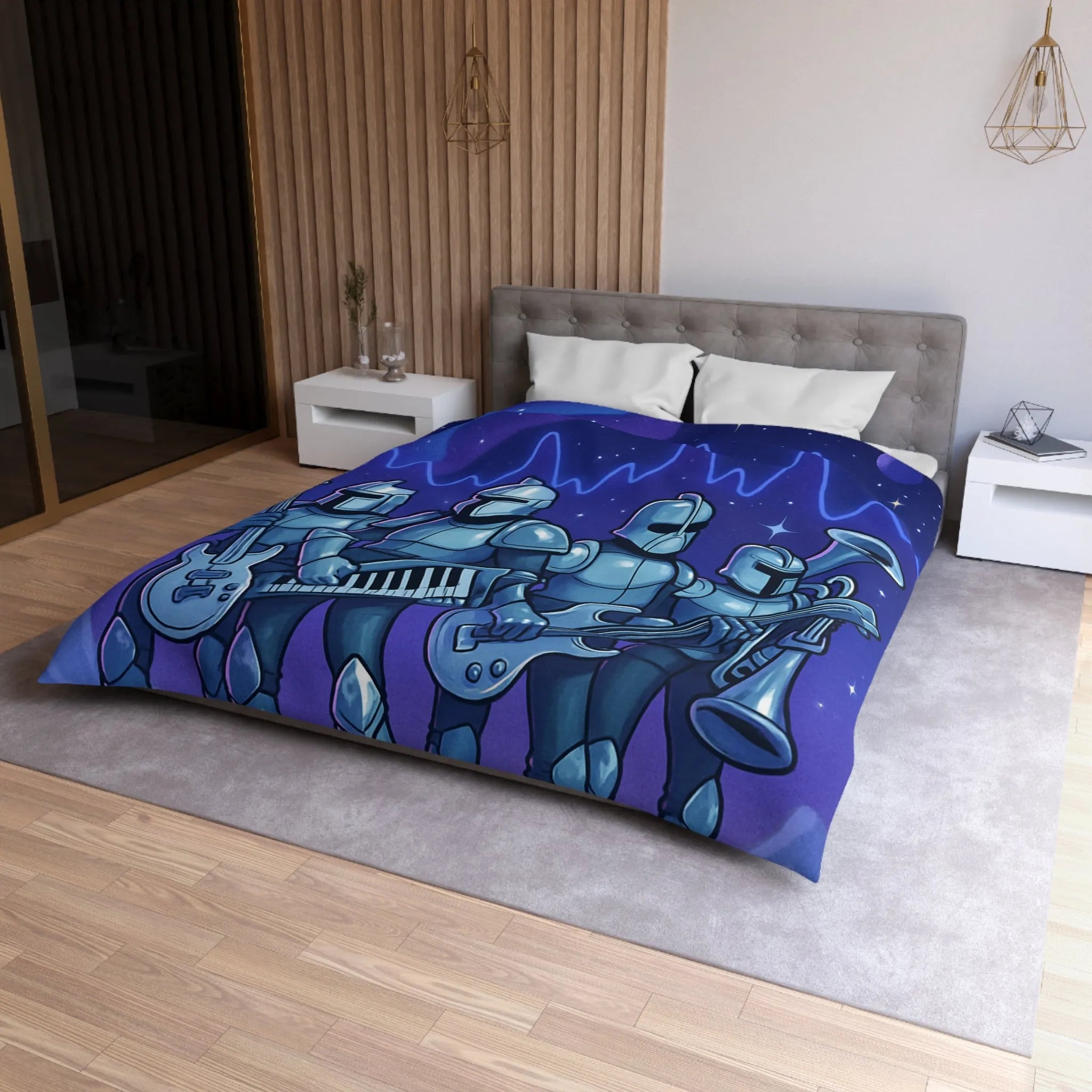 Housse de couette futuriste avec chevaliers musiciens sur fond spatial étoilé galactique