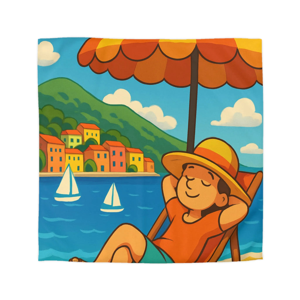 Housse de Couette Colorée Plage avec Parasol, Mer et Voiliers Décontractés Illustration